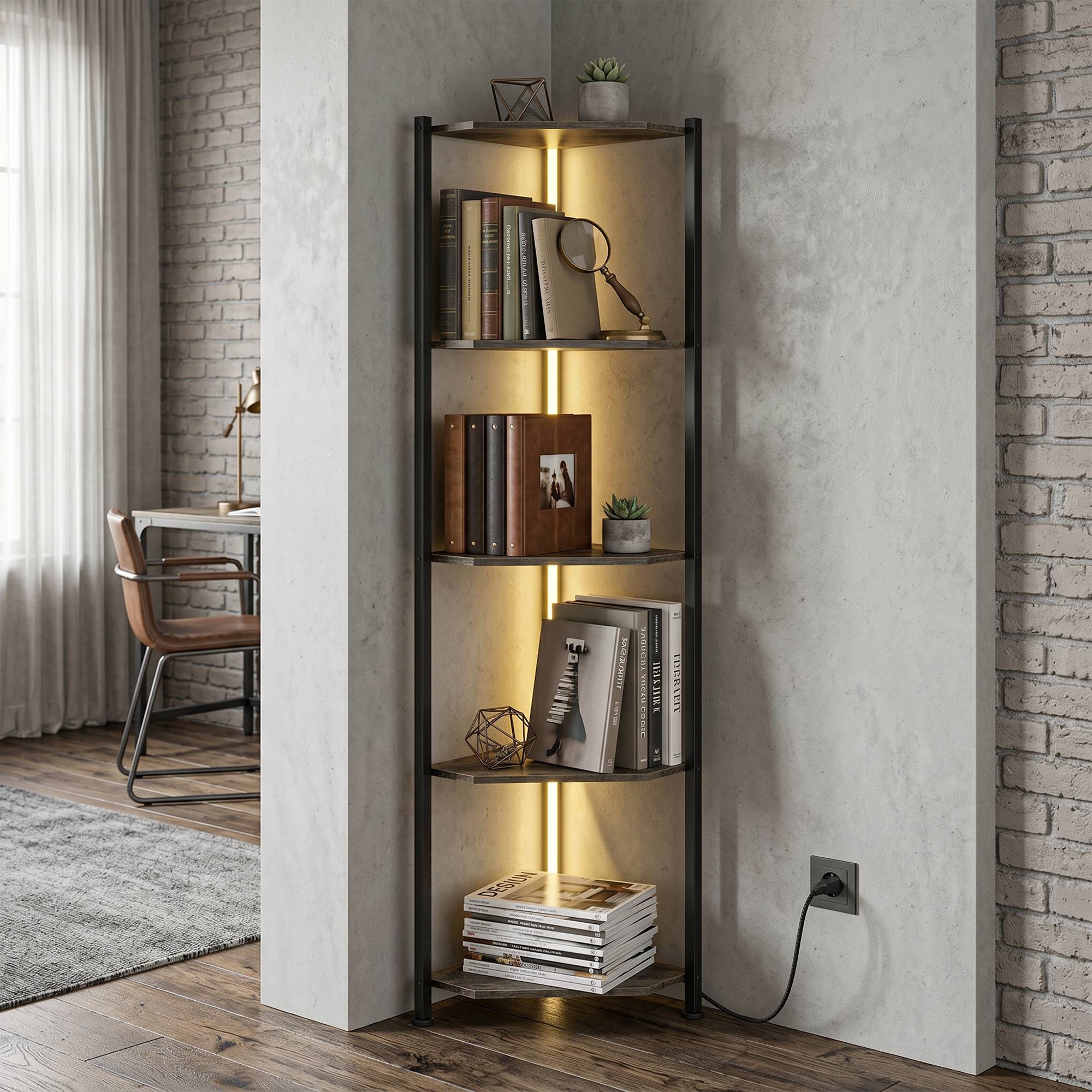 Bibliothèque d'angle à 5 niveaux avec éclairage LED pour salon, chambre, bureau, marron rustique - Image 3