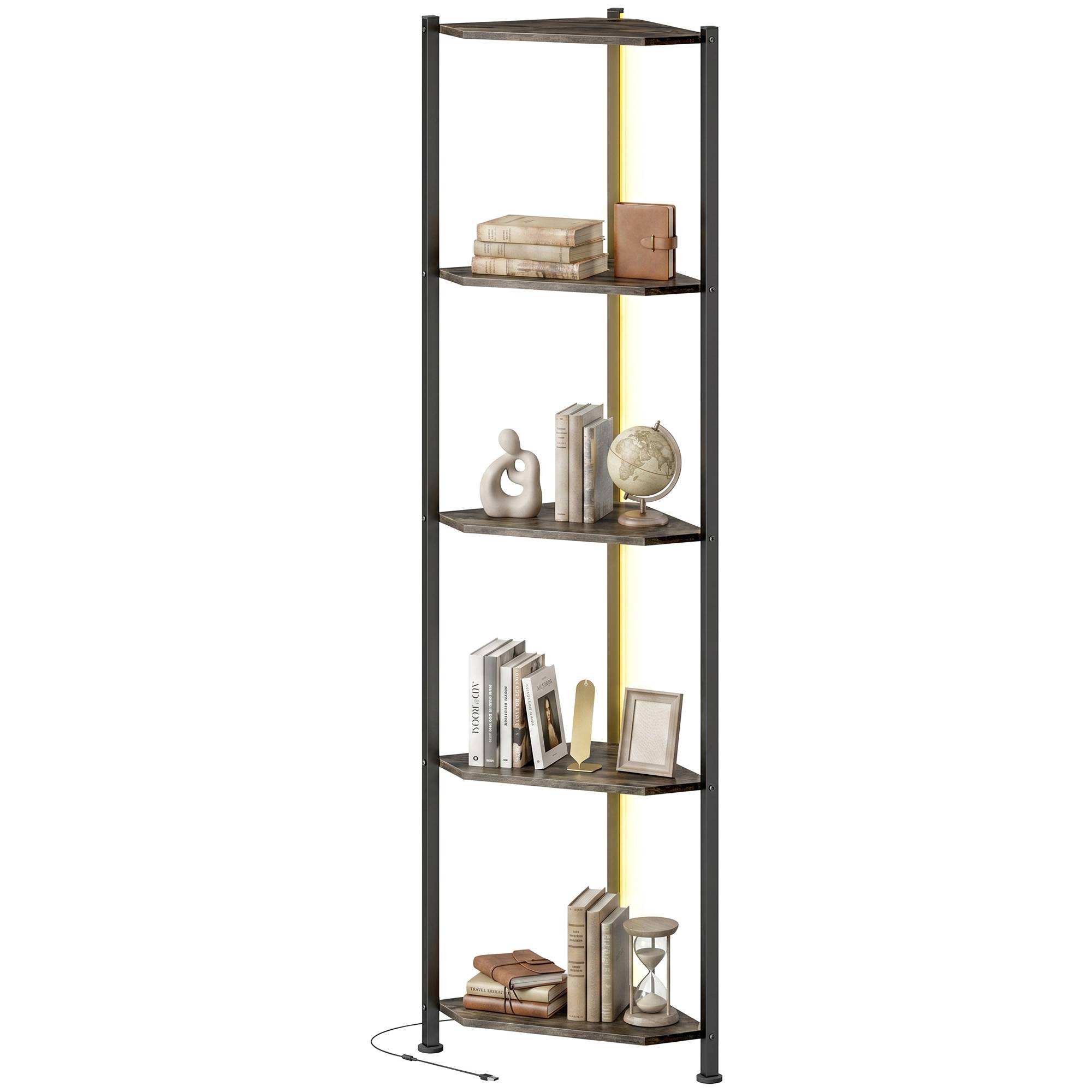 Bibliothèque d'angle à 5 niveaux avec éclairage LED pour salon, chambre, bureau, marron rustique - Image 2
