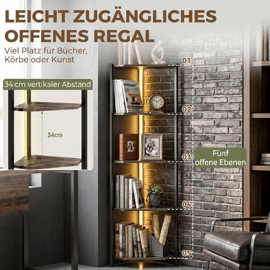 Bibliothèque d'angle à 5 niveaux avec éclairage LED pour salon, chambre, bureau, marron rustique - Image 8
