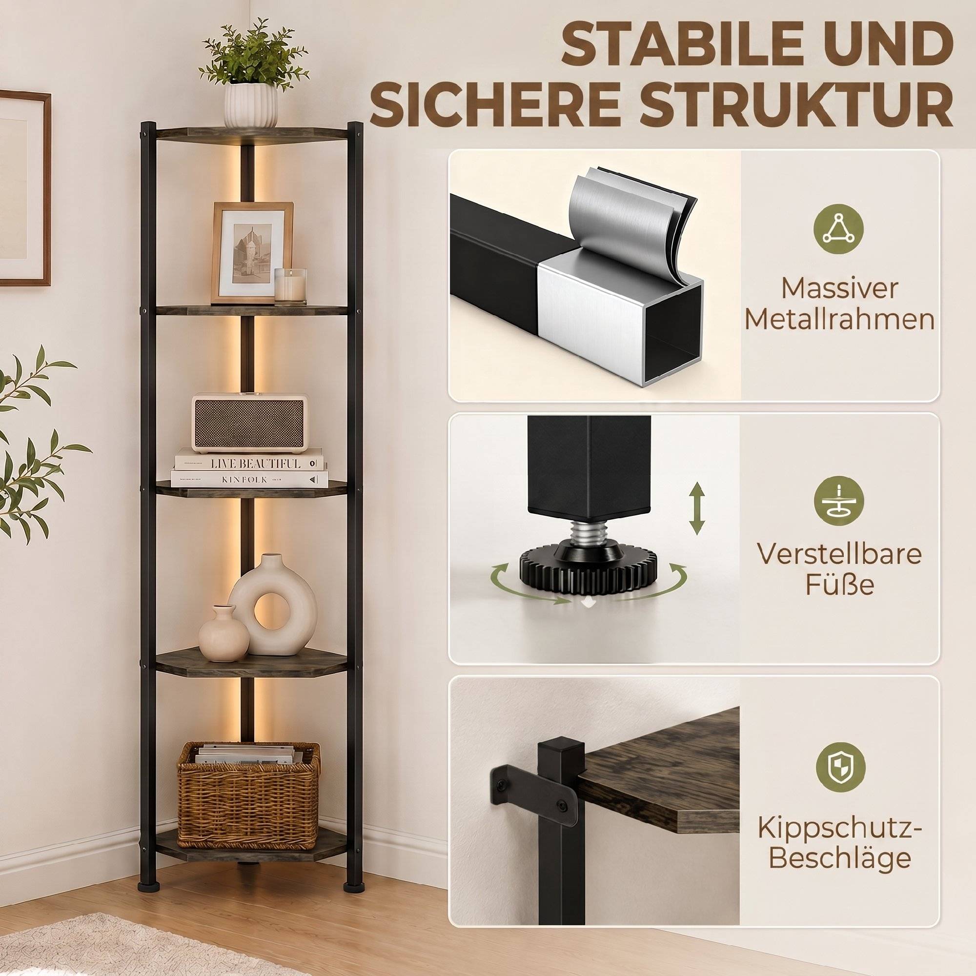 Bibliothèque d'angle à 5 niveaux avec éclairage LED pour salon, chambre, bureau, marron rustique - Image 9