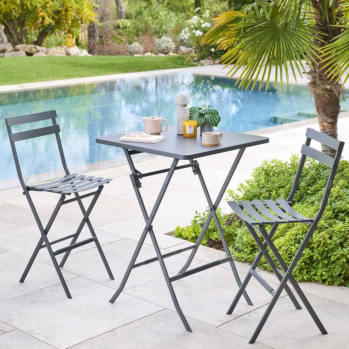 Hesperide - Table haute pliante de jardin "Greensboro" graphite 2 places en acier traité époxy Hespéride - Image 4