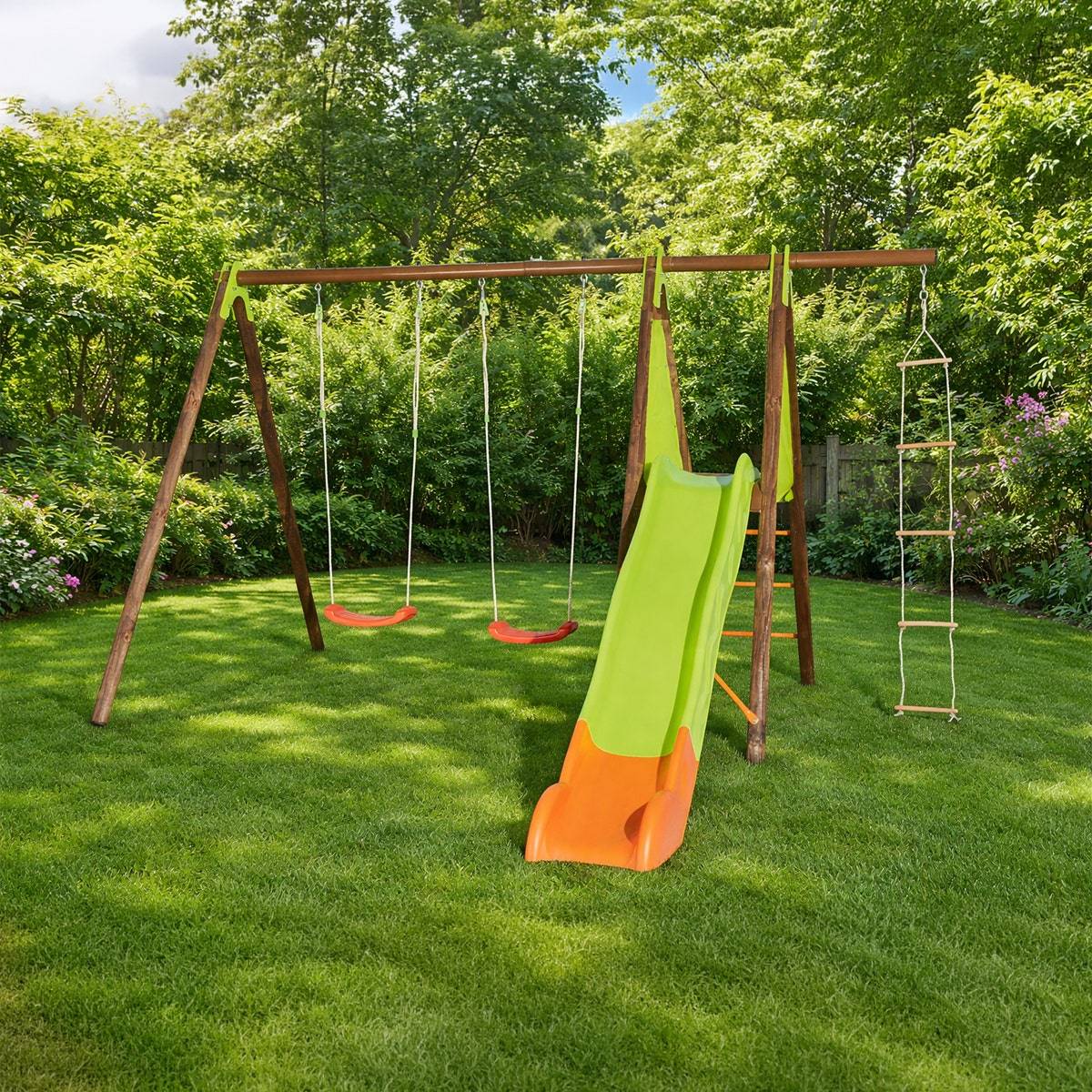 Trigano - Portique XALTO bois/métal 2,30 m - 2 balançoires + 1 échelle + toboggan Trigano - Image 10