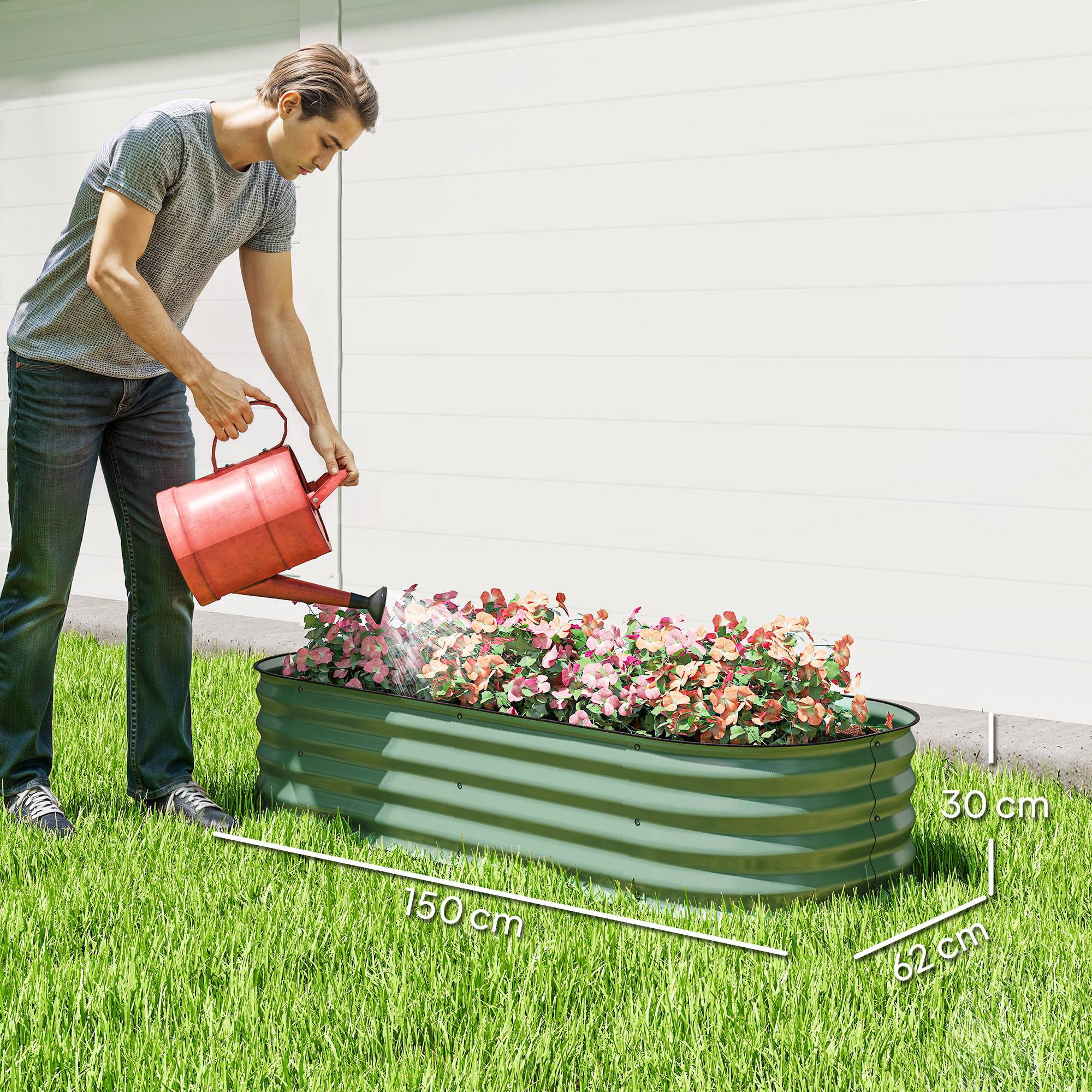 Sans Marque - Grand pot fleurs extérieur acier galvanisé base ouverte bords sécurité 150x62x30 cm vert - Image 5
