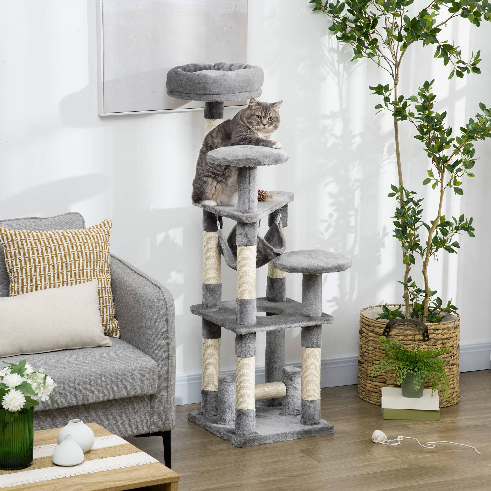 Arbre à chat, griffoir, tour de jeu, arbre à chat grimpant, hamac, gris, L40 x l40 x H132 cm - Image 4