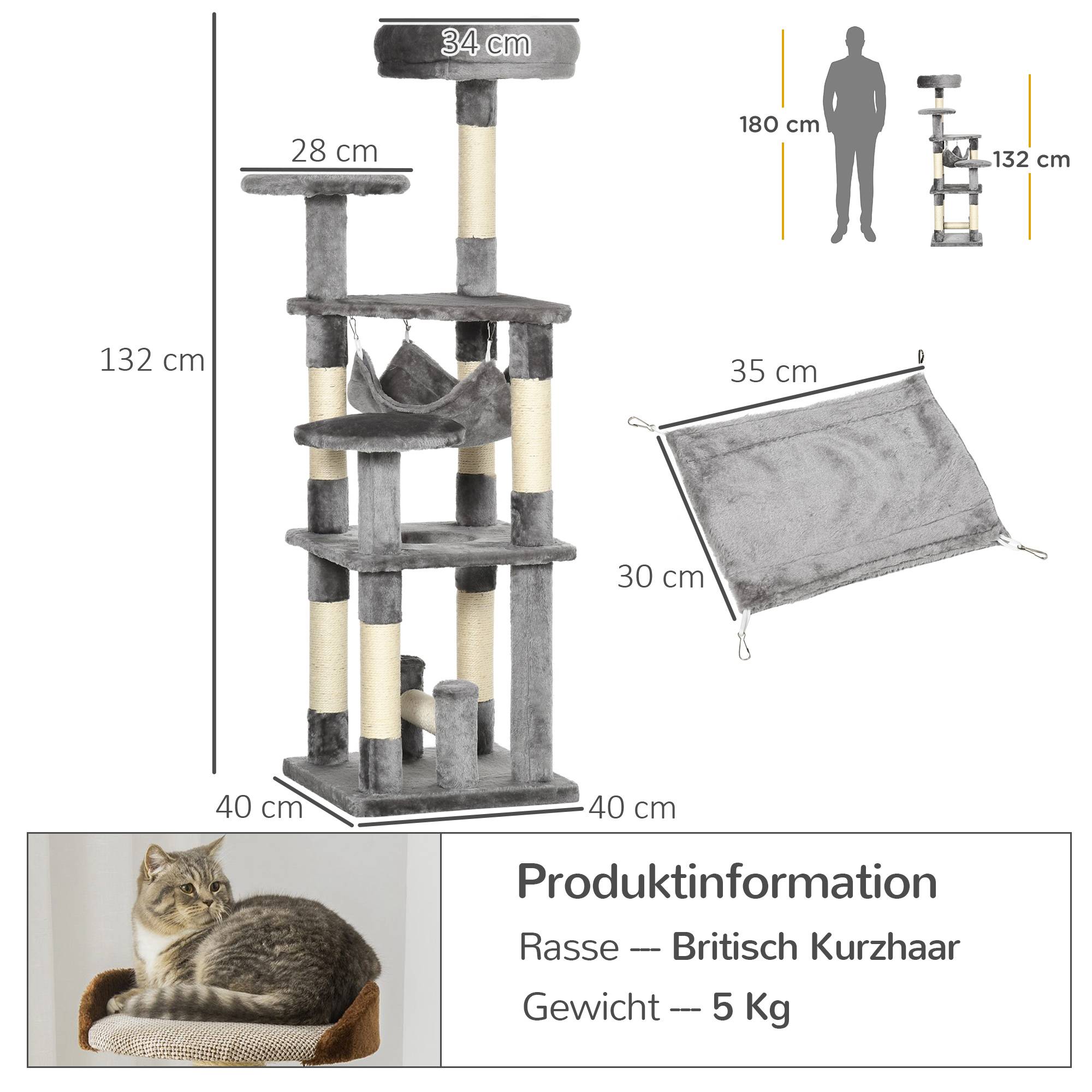 Arbre à chat, griffoir, tour de jeu, arbre à chat grimpant, hamac, gris, L40 x l40 x H132 cm - Image 5