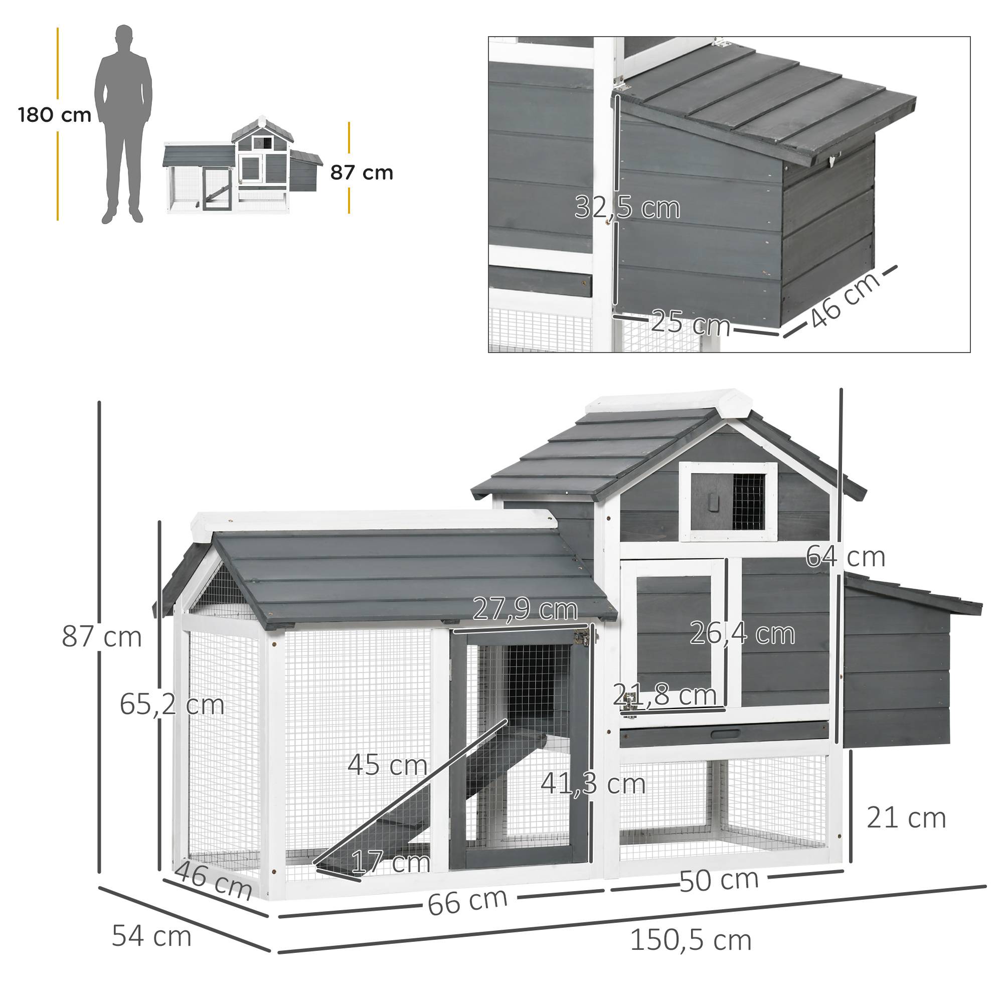 ComfortXL - Poulailler bois extérieur 2 à 3 poules nichoir rampe 150x54x87cm gris - ComfortXL Outdoor Living - Image 5
