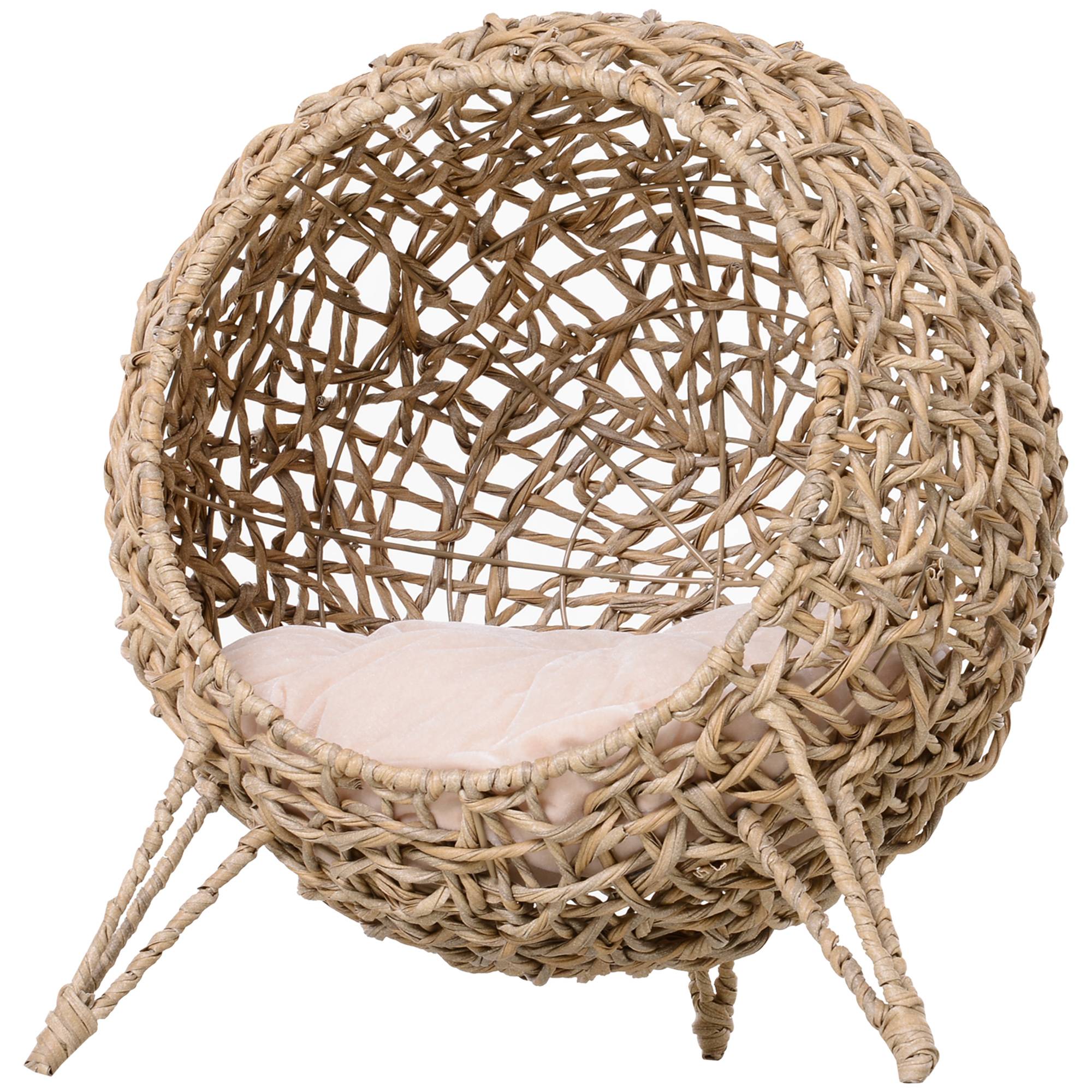 Panier chat lit surélevé chat cosy niche grotte grand confort dim. Ø 52 x 58H cm coussin moelleux inclus résine tressée imitation rotin beige - Image 2