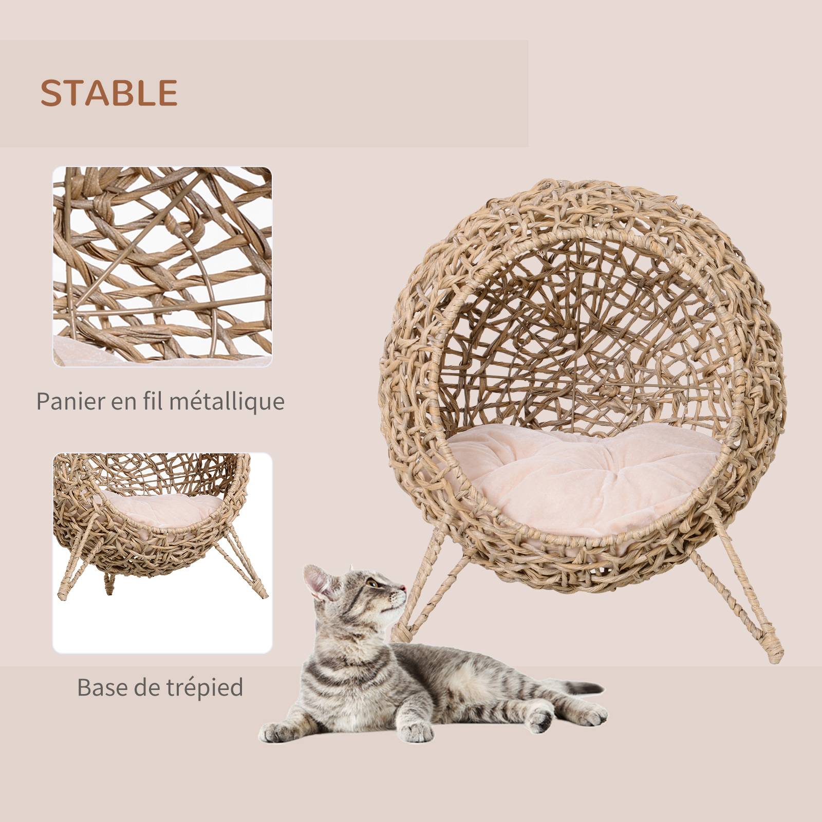 Panier chat lit surélevé chat cosy niche grotte grand confort dim. Ø 52 x 58H cm coussin moelleux inclus résine tressée imitation rotin beige - Image 7