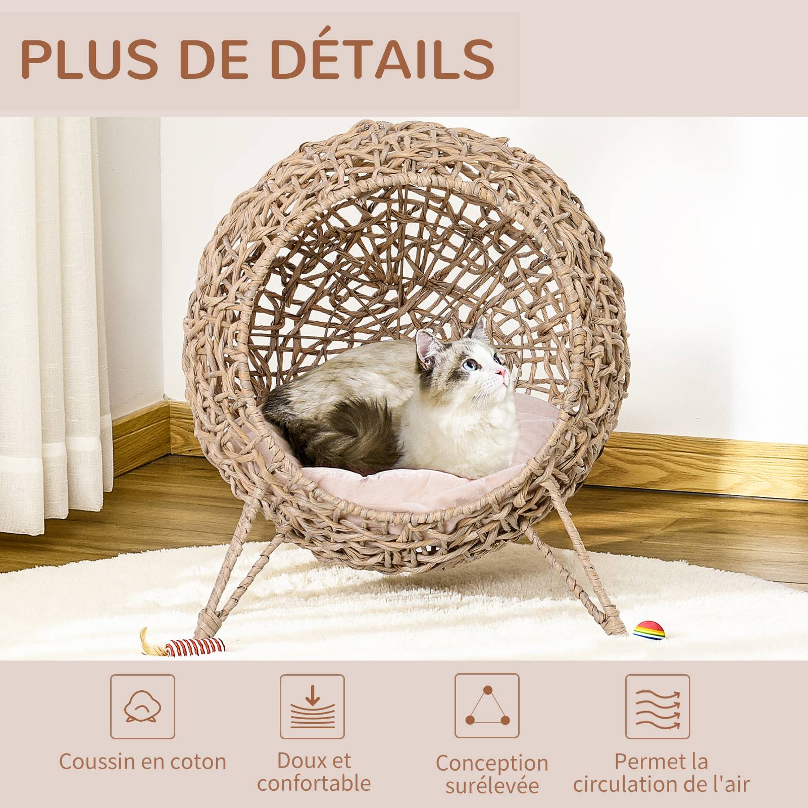 Panier chat lit surélevé chat cosy niche grotte grand confort dim. Ø 52 x 58H cm coussin moelleux inclus résine tressée imitation rotin beige - Image 8