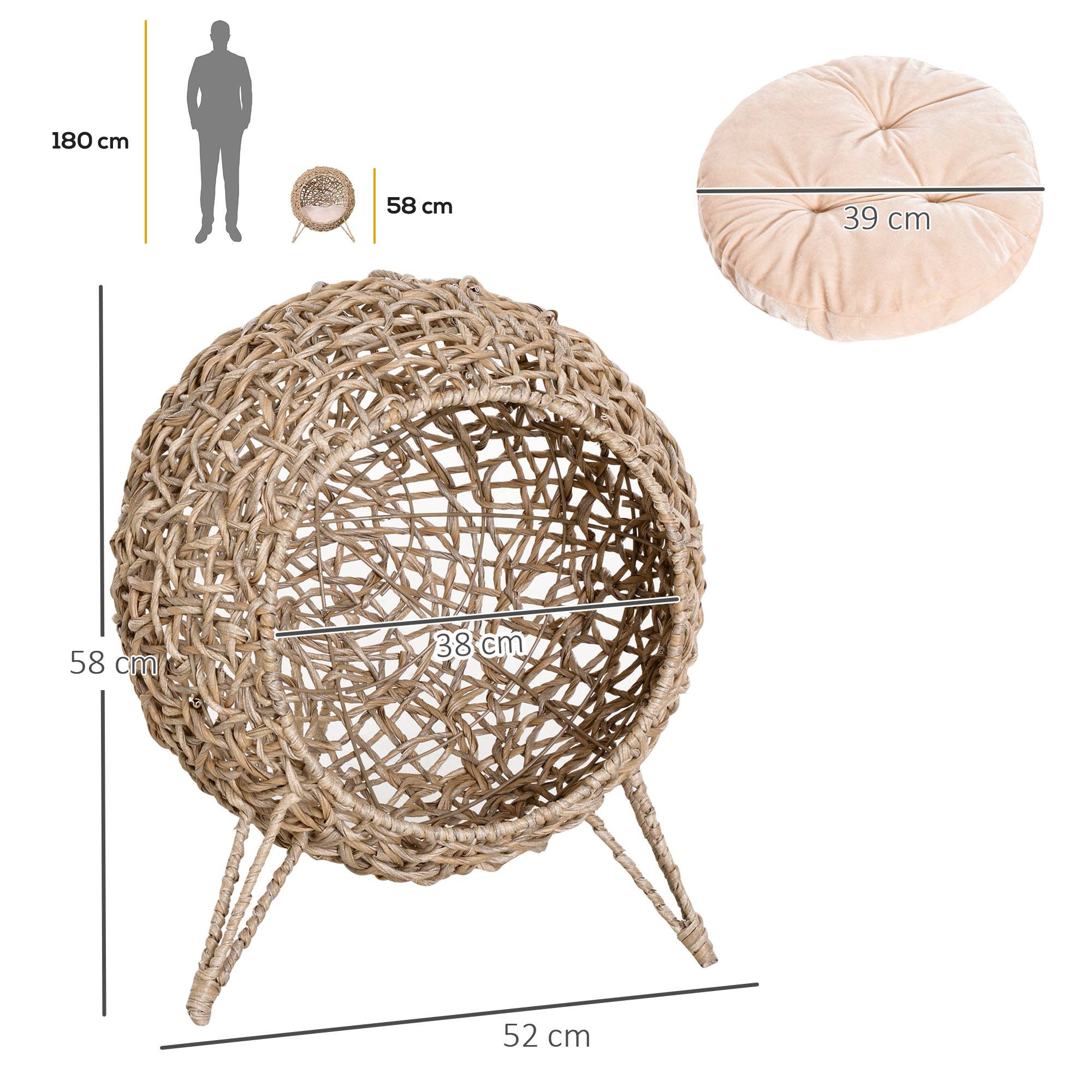 Panier chat lit surélevé chat cosy niche grotte grand confort dim. Ø 52 x 58H cm coussin moelleux inclus résine tressée imitation rotin beige - Image 5