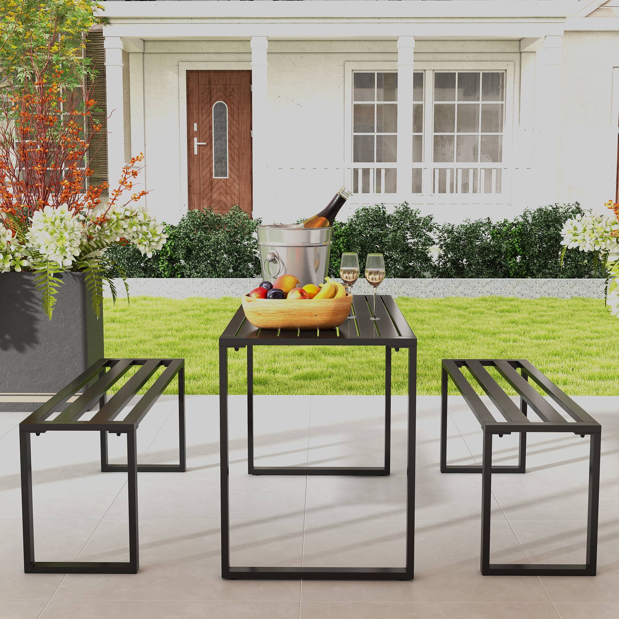 Ensemble de mobilier de jardin pour 4 personnes, 1 table et 2 bancs, métal, noir - Image 4