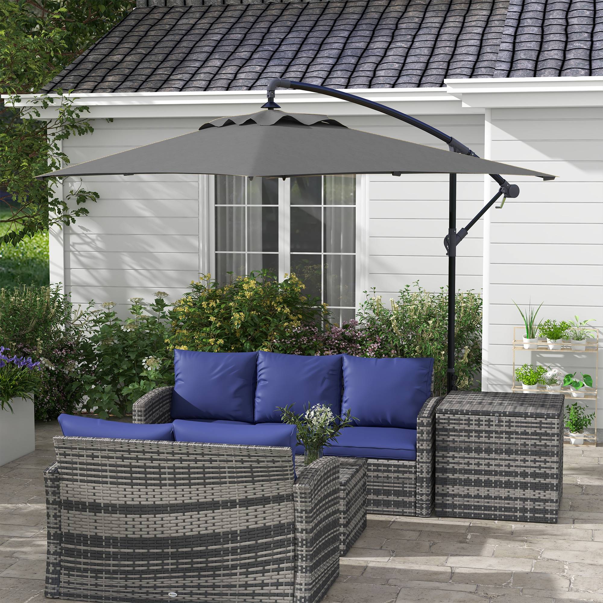ComfortXL - Parasol déporté extérieur acier pour jardin et patio grande zone ombre avec manivelle gris - ComfortXL Outdoor Living - Image 3