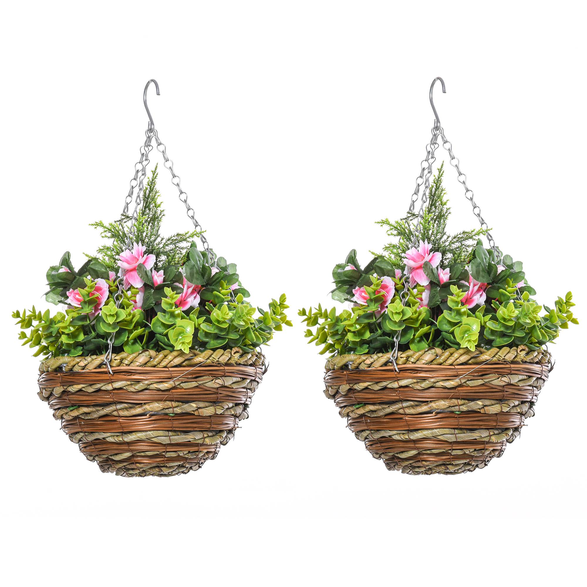 Sans Marque - Lot 2 lisianthus artificiels pot crochet PE osier Ø25x34 cm vert rose - Image 2