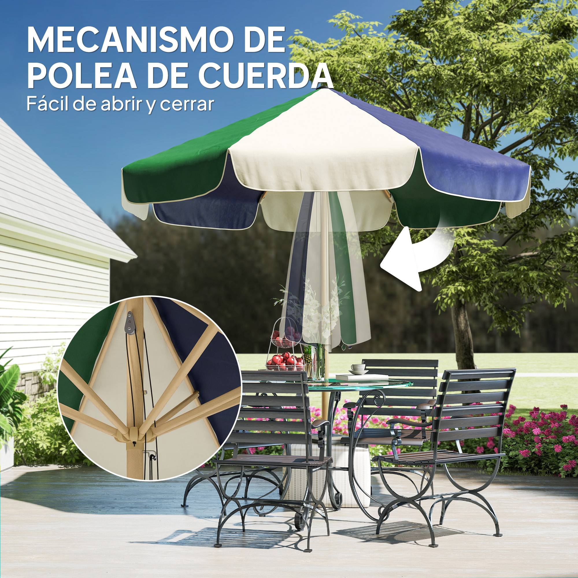 Parasol terrasse exterieur Ø2,3 m, cadre effet bois, poulie corde, dais bicolore UPF30+, vert fonce - Image 9