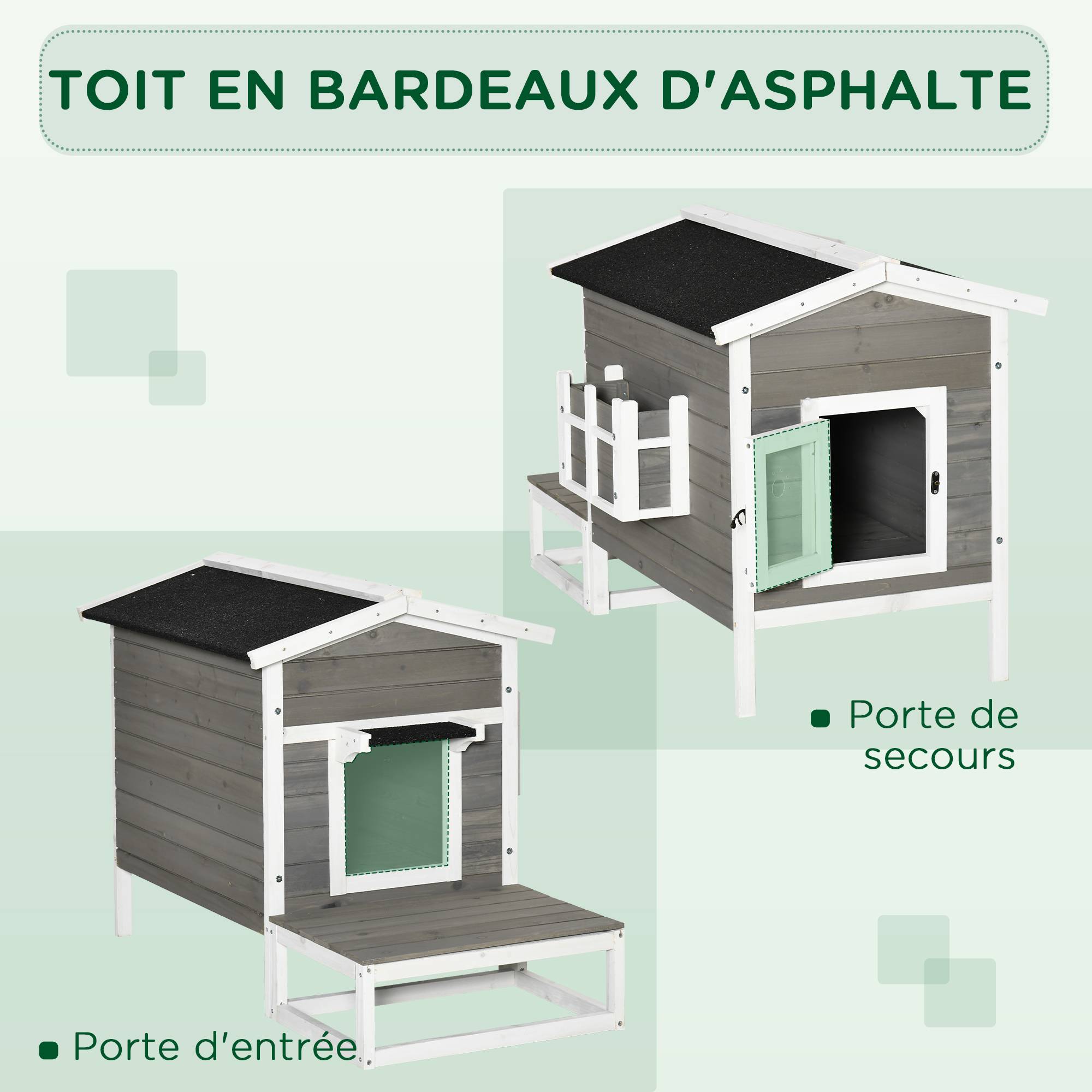 Sans Marque - Maisonnette pour chats niche extérieure surélevé avec terrasse étanche en bois, dim. 115L x 66,5P x 74,7H cm, gris - Image 9