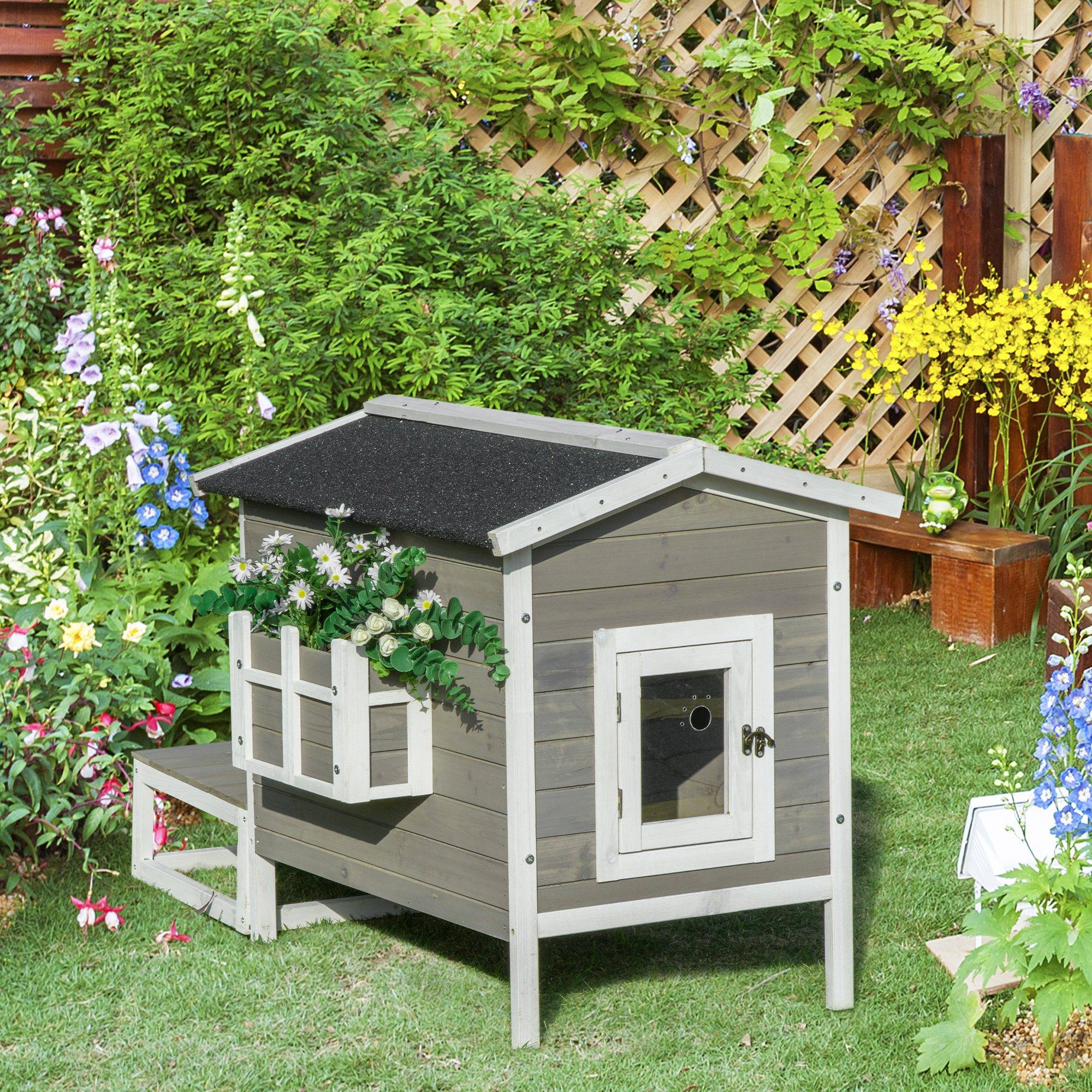 Sans Marque - Maisonnette pour chats niche extérieure surélevé avec terrasse étanche en bois, dim. 115L x 66,5P x 74,7H cm, gris - Image 4