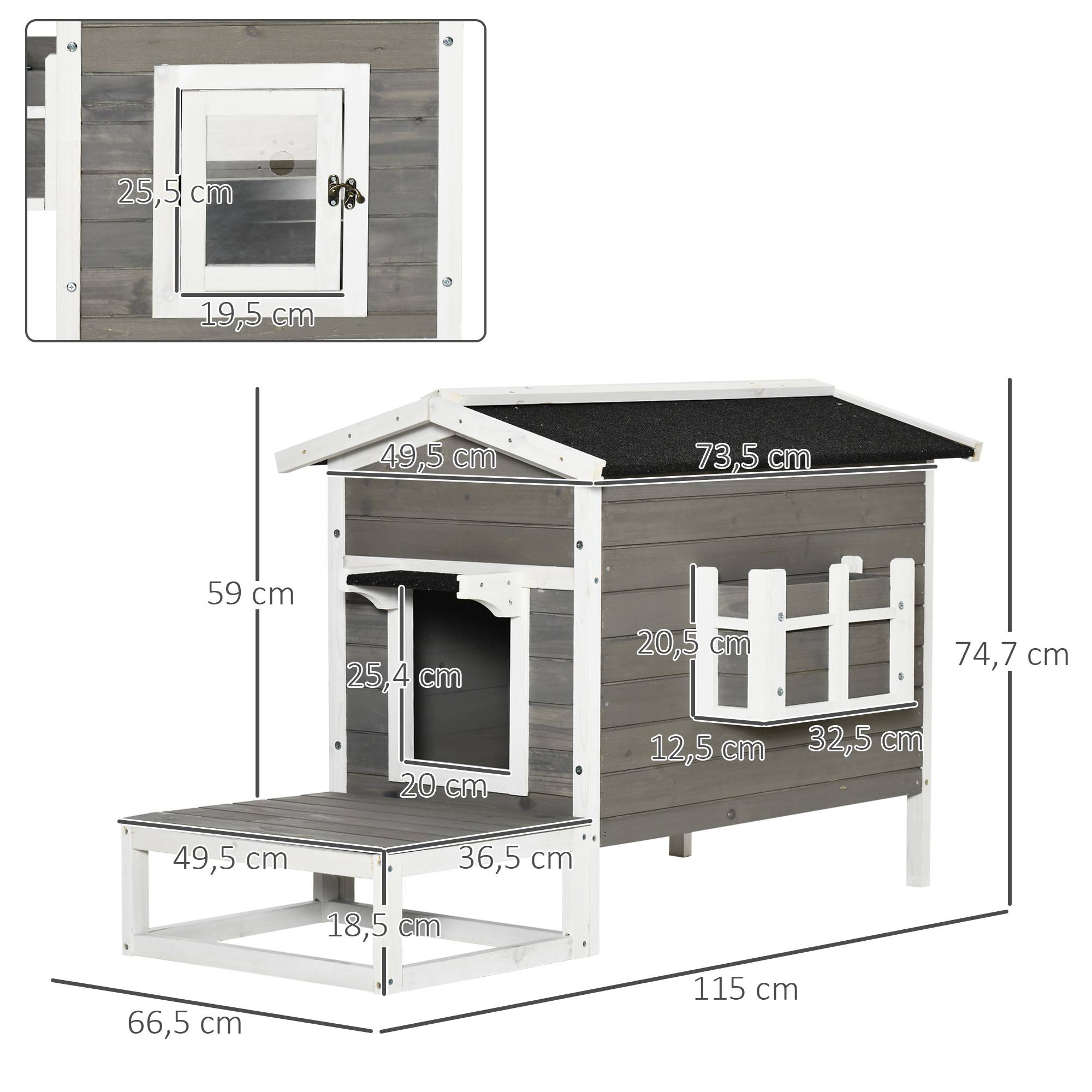 Sans Marque - Maisonnette pour chats niche extérieure surélevé avec terrasse étanche en bois, dim. 115L x 66,5P x 74,7H cm, gris - Image 5