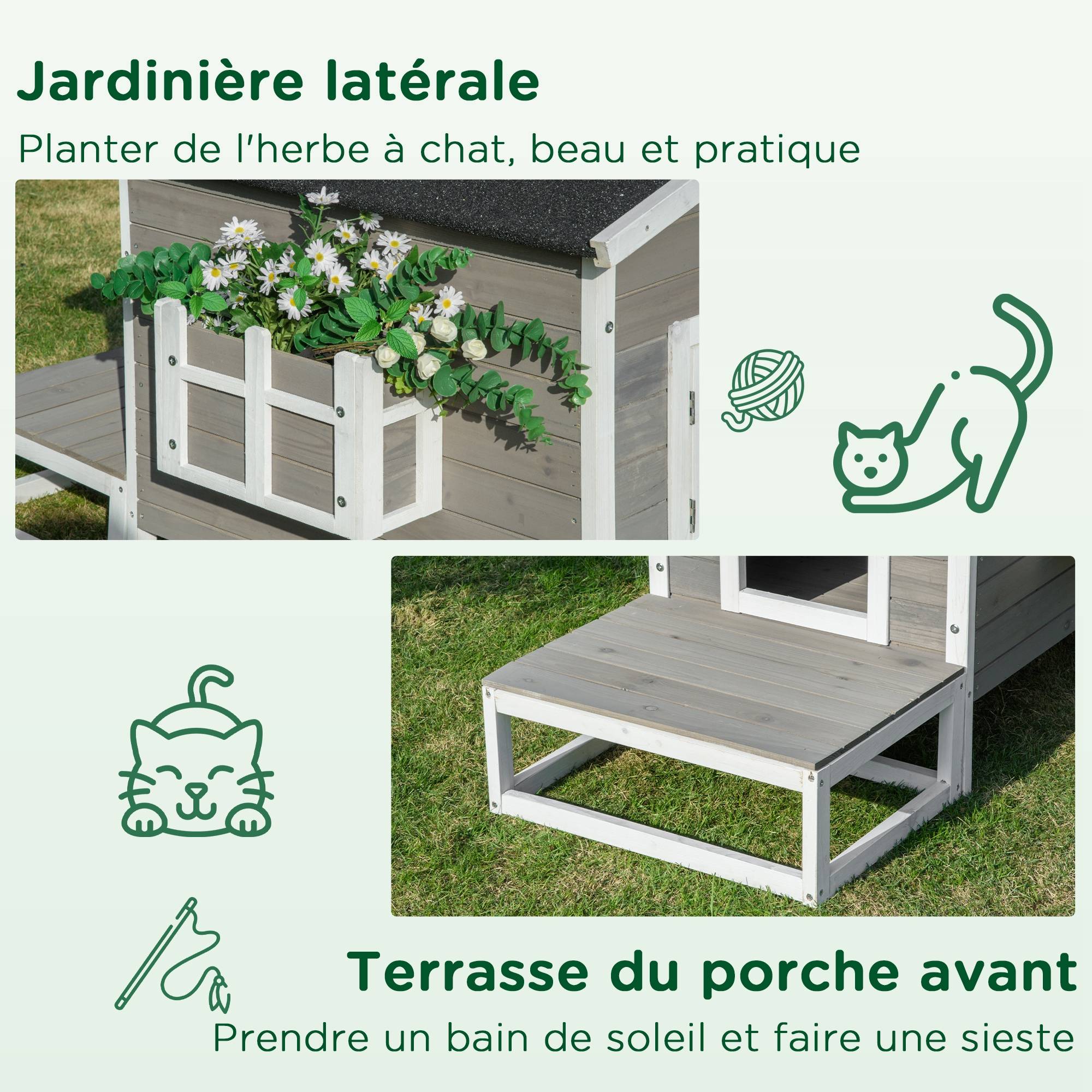 Sans Marque - Maisonnette pour chats niche extérieure surélevé avec terrasse étanche en bois, dim. 115L x 66,5P x 74,7H cm, gris - Image 8