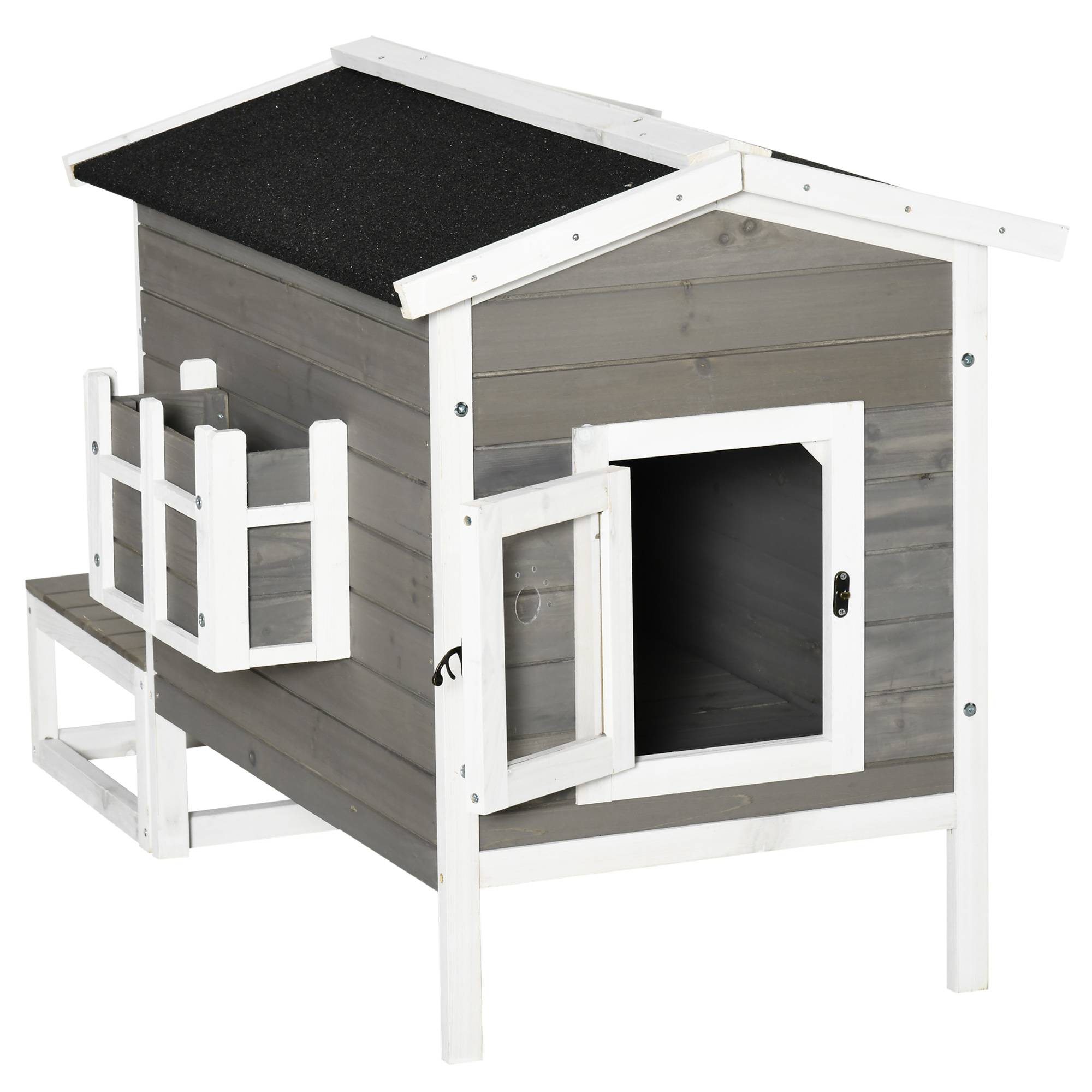 Sans Marque - Maisonnette pour chats niche extérieure surélevé avec terrasse étanche en bois, dim. 115L x 66,5P x 74,7H cm, gris - Image 2