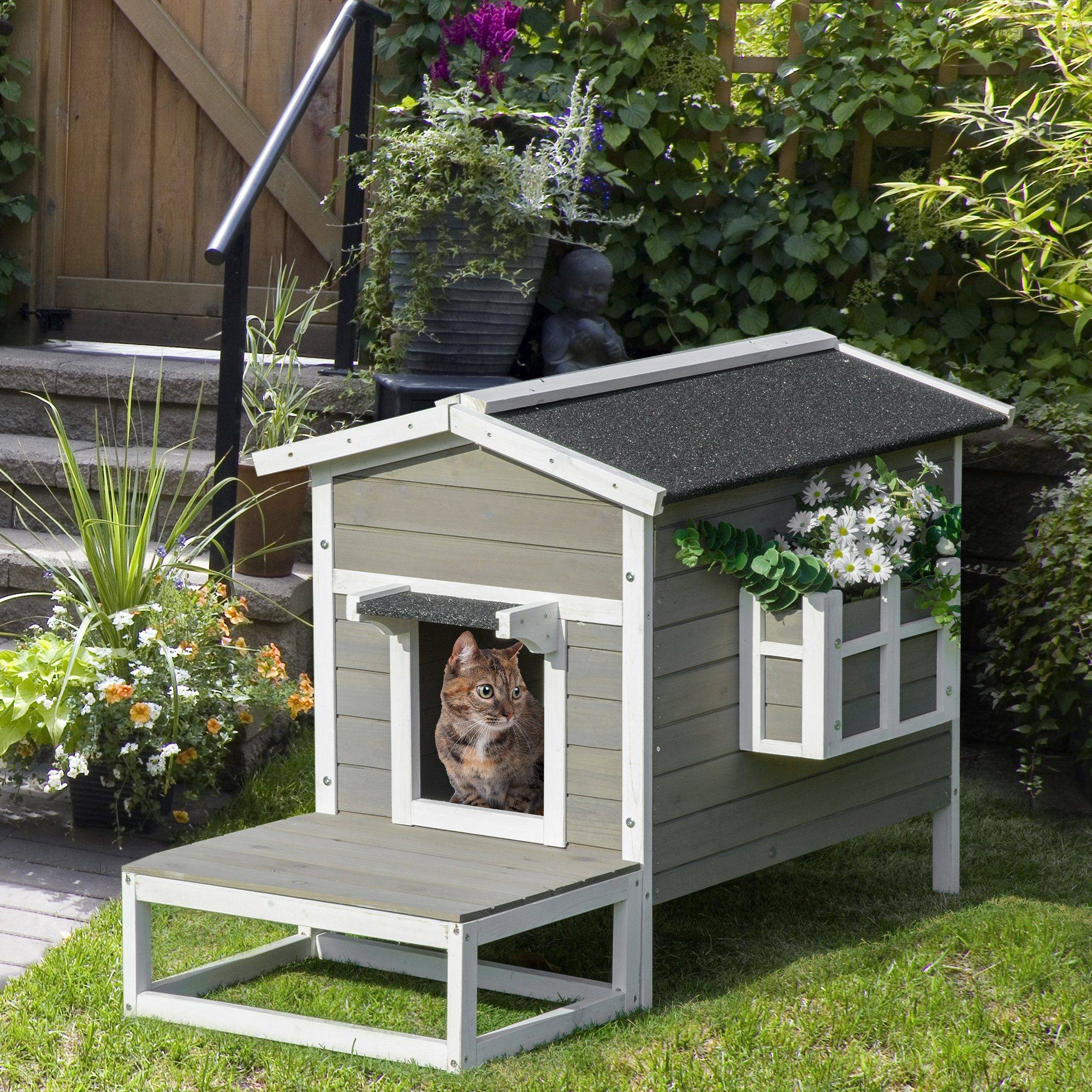 Sans Marque - Maisonnette pour chats niche extérieure surélevé avec terrasse étanche en bois, dim. 115L x 66,5P x 74,7H cm, gris - Image 3