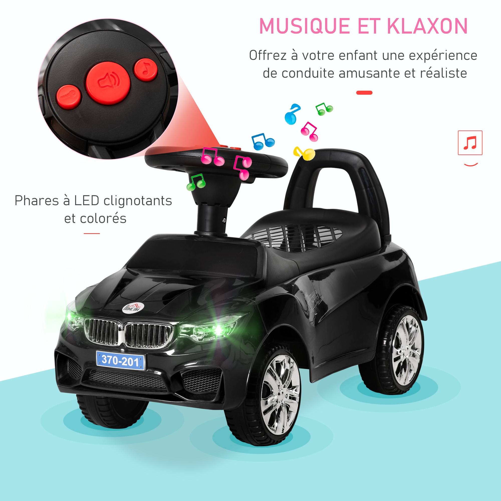 Porteur enfants voiture, véhicule à pousser avec coffre à jouets, klaxon, phares et musique, 63,5 x 28 x 36 cm, noir - Image 6