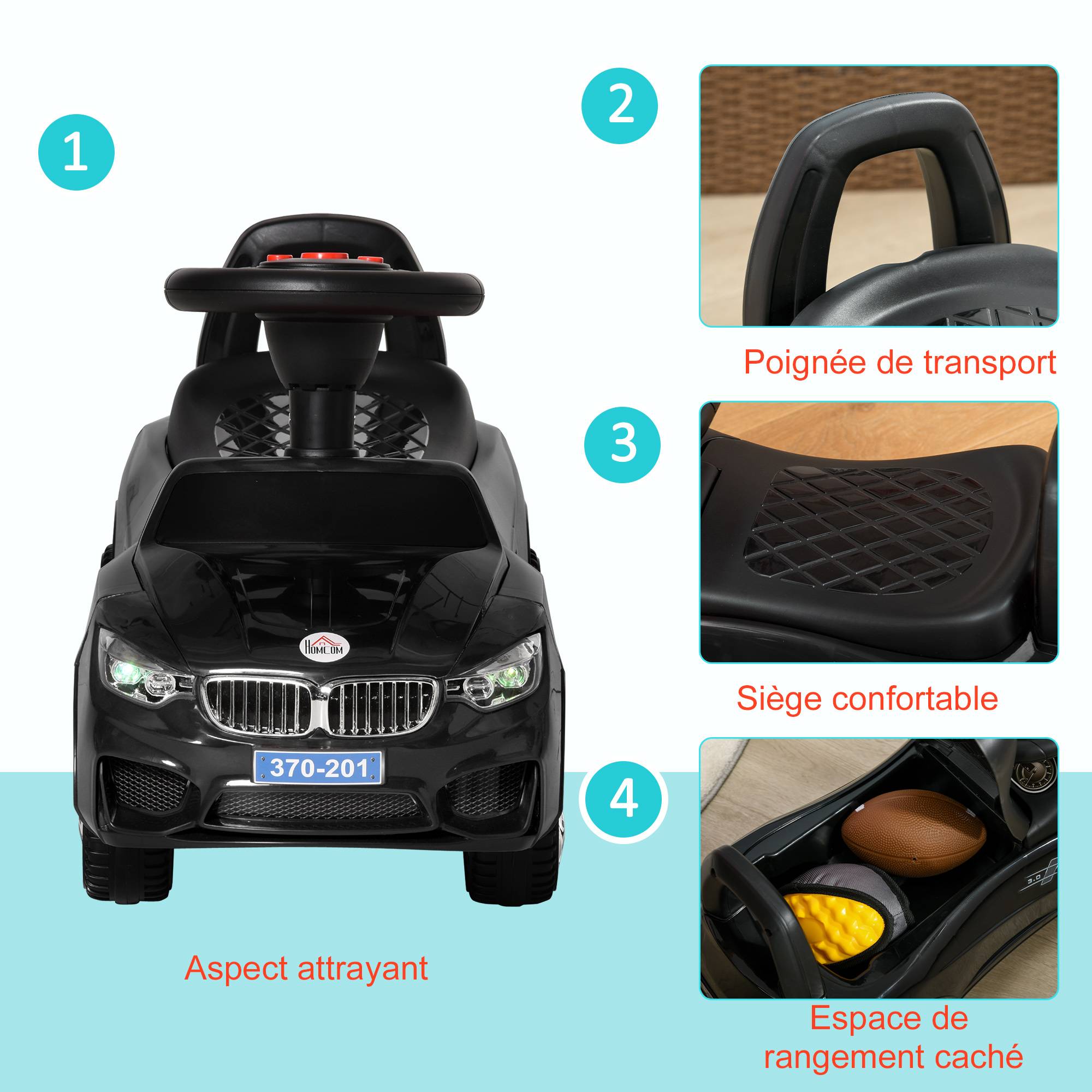 Porteur enfants voiture, véhicule à pousser avec coffre à jouets, klaxon, phares et musique, 63,5 x 28 x 36 cm, noir - Image 9