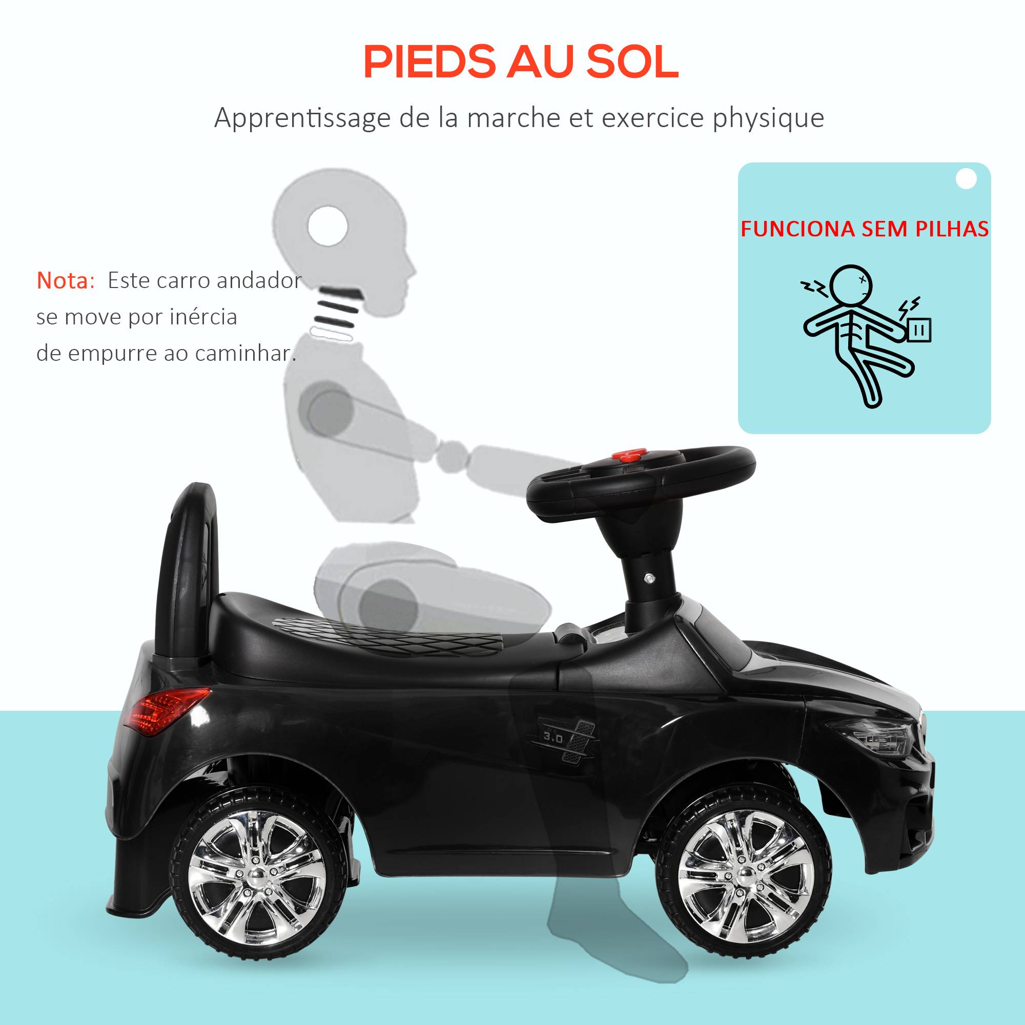 Porteur enfants voiture, véhicule à pousser avec coffre à jouets, klaxon, phares et musique, 63,5 x 28 x 36 cm, noir - Image 8