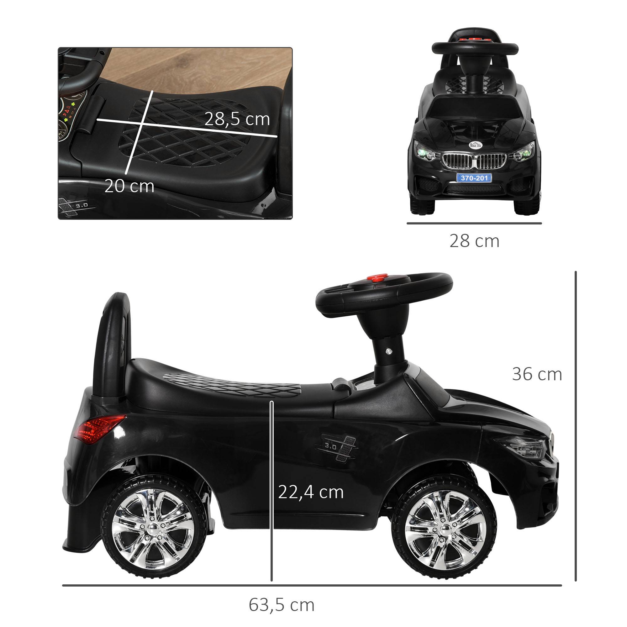 Porteur enfants voiture, véhicule à pousser avec coffre à jouets, klaxon, phares et musique, 63,5 x 28 x 36 cm, noir - Image 5