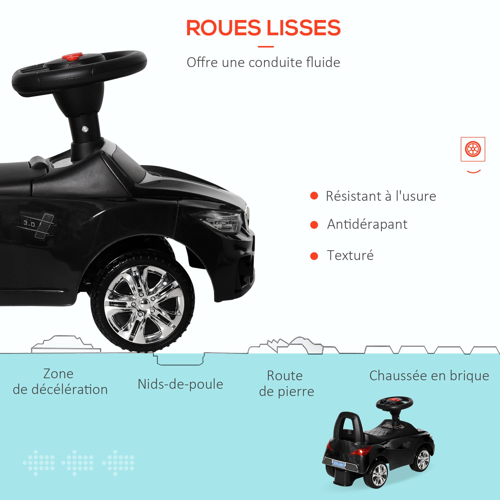 Porteur enfants voiture, véhicule à pousser avec coffre à jouets, klaxon, phares et musique, 63,5 x 28 x 36 cm, noir - Image 7