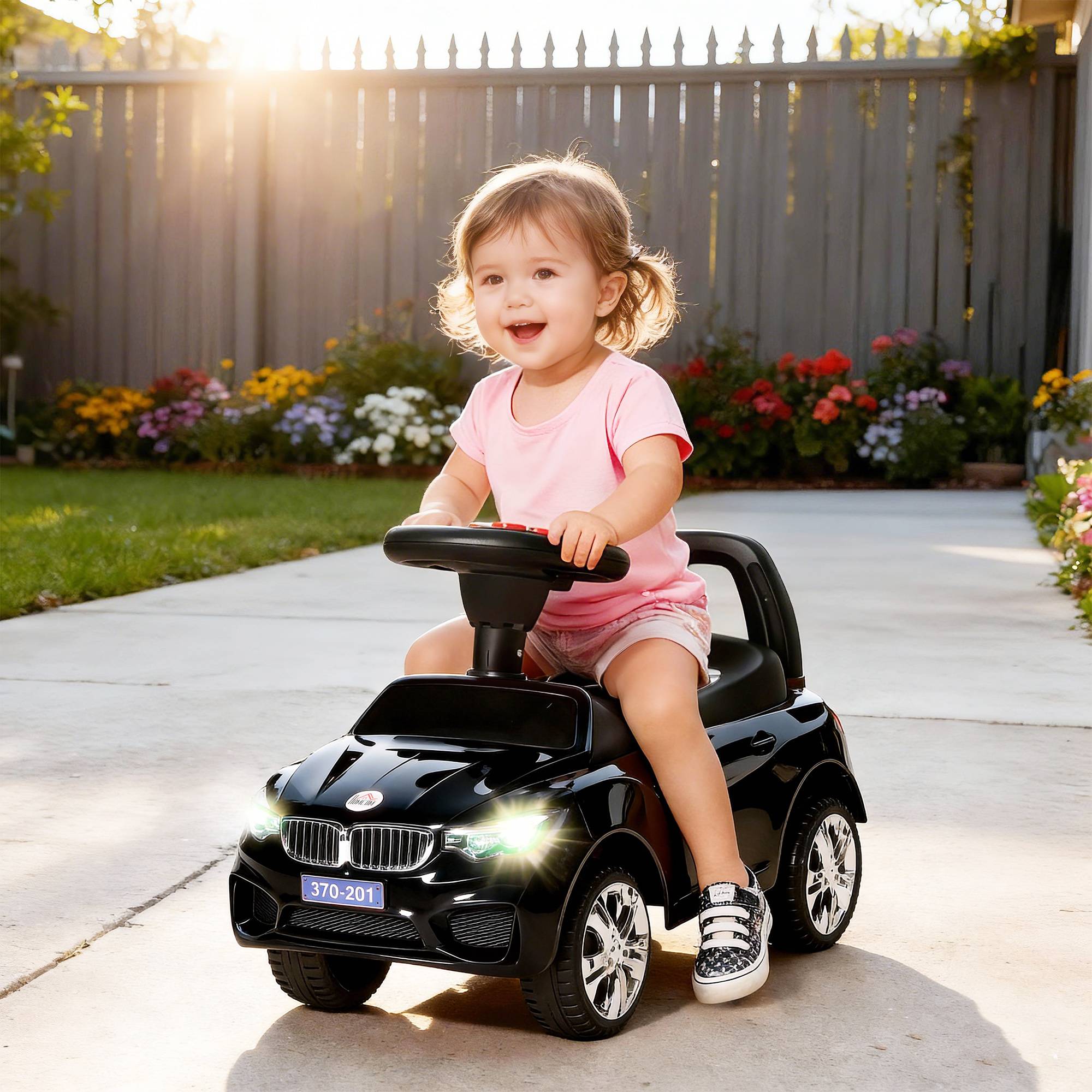 Porteur enfants voiture, véhicule à pousser avec coffre à jouets, klaxon, phares et musique, 63,5 x 28 x 36 cm, noir - Image 3