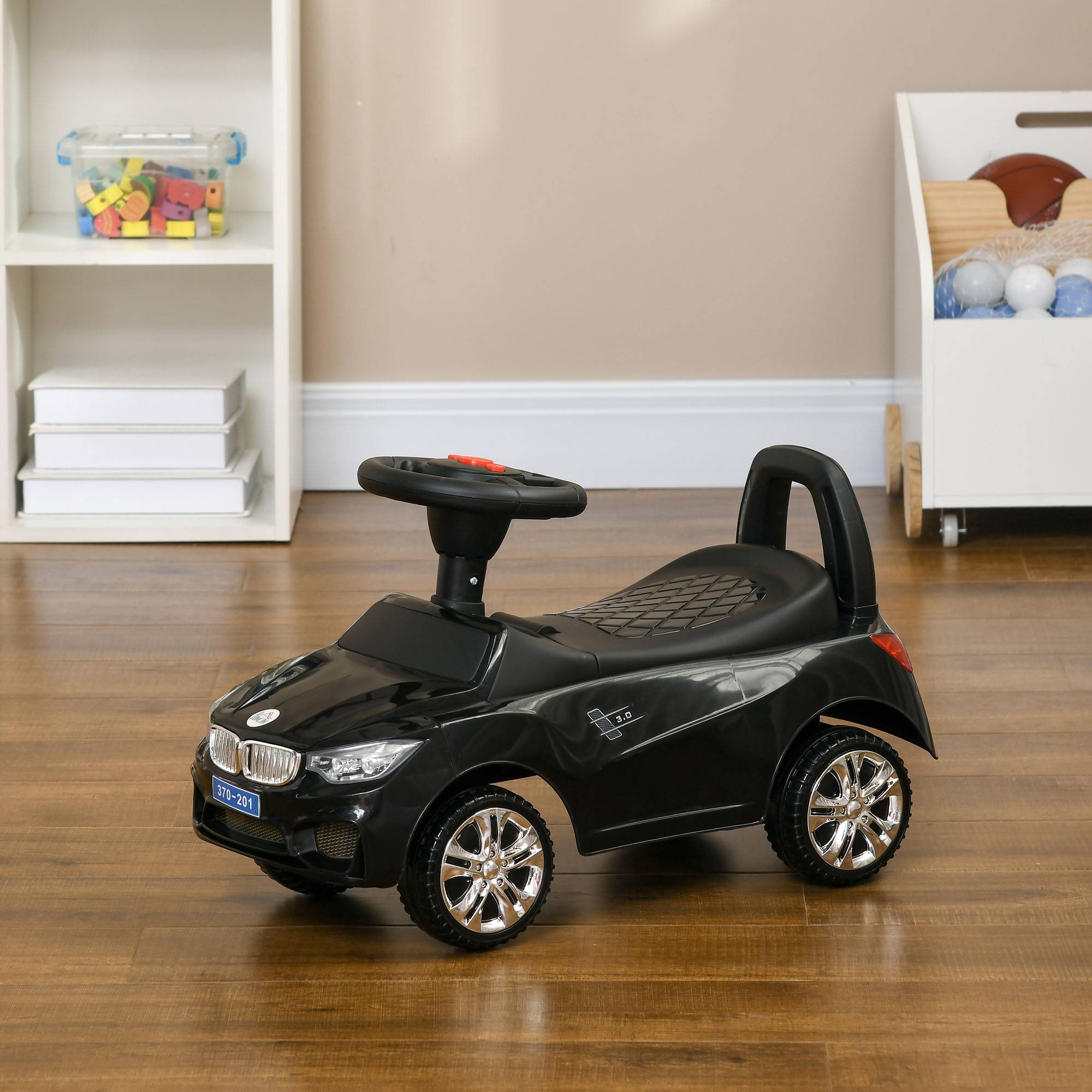 Porteur enfants voiture, véhicule à pousser avec coffre à jouets, klaxon, phares et musique, 63,5 x 28 x 36 cm, noir - Image 4