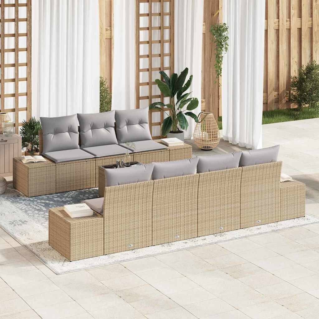 Salon Bas Modulable 8 Pièces Résine Tressée Table Réglable Hauteur Rangement Astucieux Beige et Gris – ComfortXL Outdoor Living - Image 1