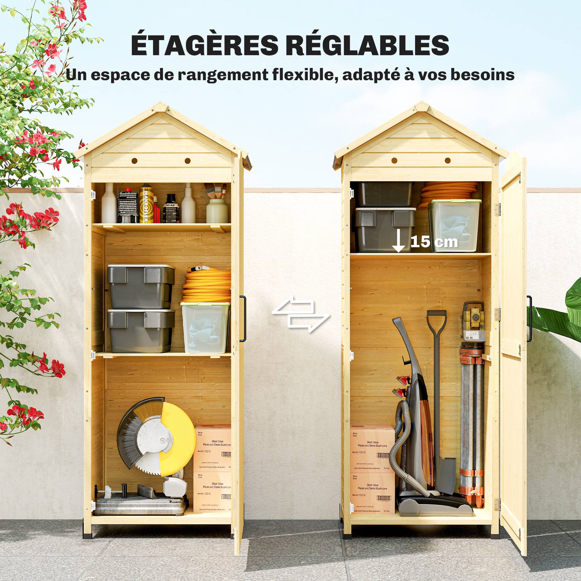 Armoire de Jardin Bois de Sapin Rangement Outils Toit Galvanisé 85x58x213cm Bois Naturel - ComfortXL Outdoor Living - Image 7