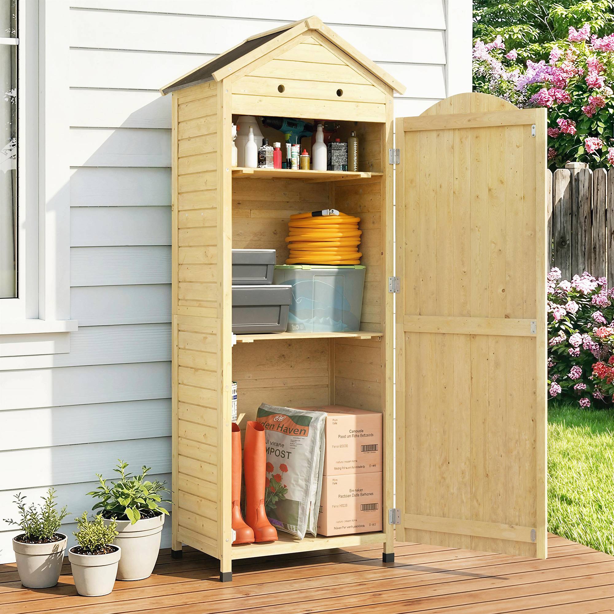Armoire de Jardin Bois de Sapin Rangement Outils Toit Galvanisé 85x58x213cm Bois Naturel - ComfortXL Outdoor Living - Image 3