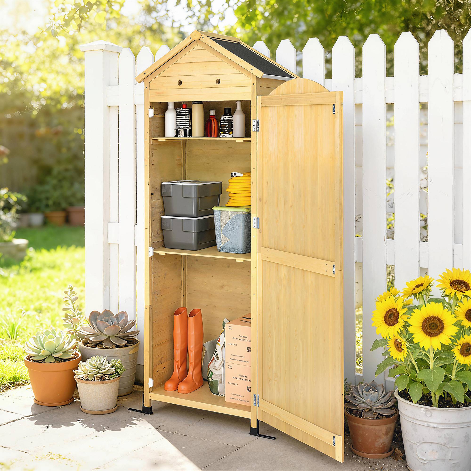 Armoire de Jardin Bois de Sapin Rangement Outils Toit Galvanisé 85x58x213cm Bois Naturel - ComfortXL Outdoor Living - Image 4