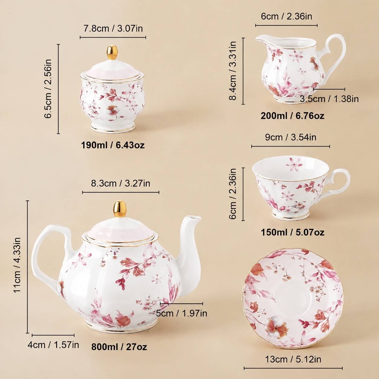 Service à Thé en Porcelaine 21 Pièces Décor Fleurs et Roses Or - Image 6