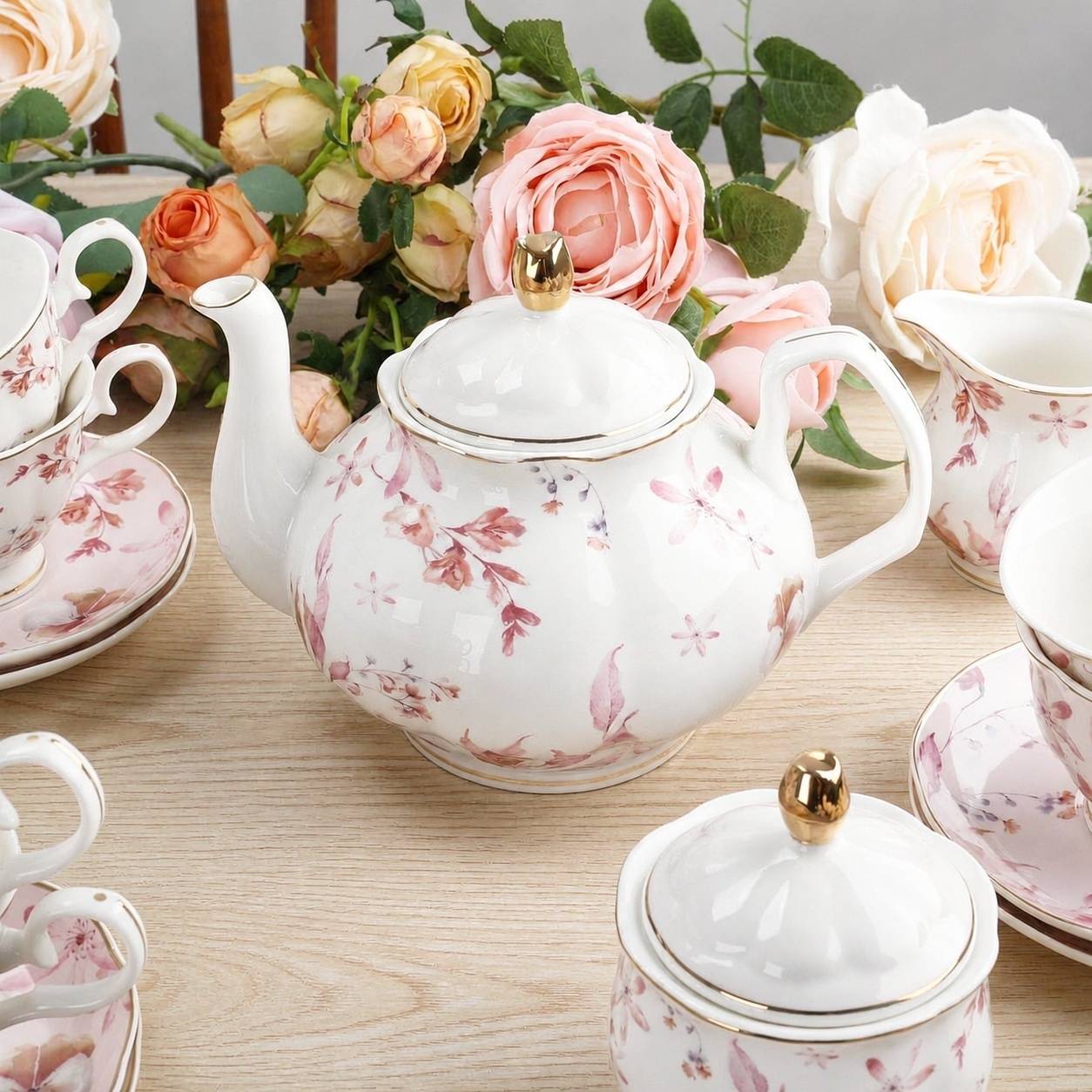 Service à Thé en Porcelaine 21 Pièces Décor Fleurs et Roses Or - Image 3