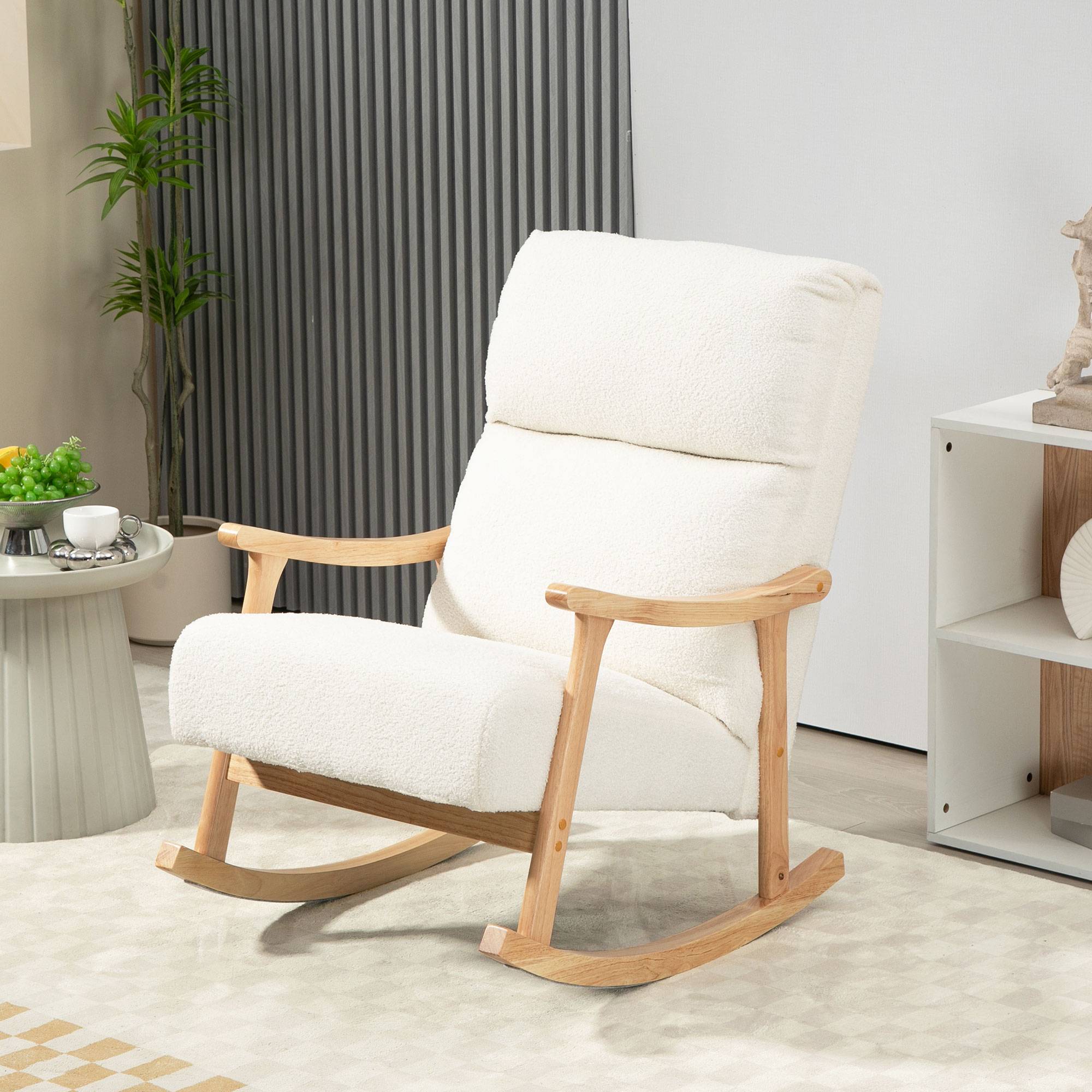 Fauteuil à bascule, rocking chair en velours teddy avec assise rembourré, dossier ergonomique, 65 x 90 x 98 cm, crème - Image 4