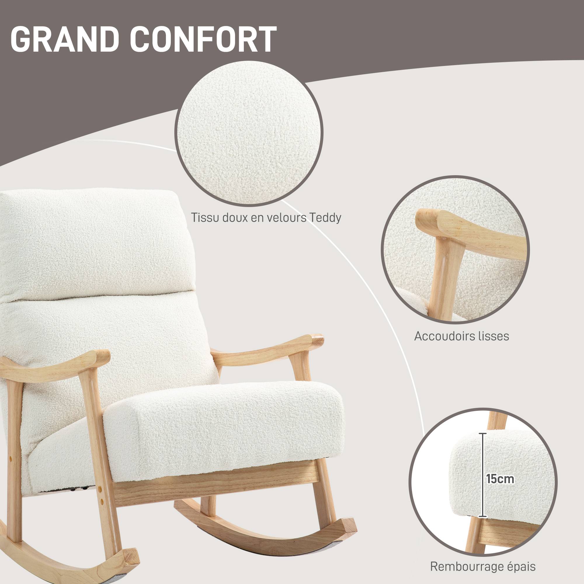 Fauteuil à bascule, rocking chair en velours teddy avec assise rembourré, dossier ergonomique, 65 x 90 x 98 cm, crème - Image 8