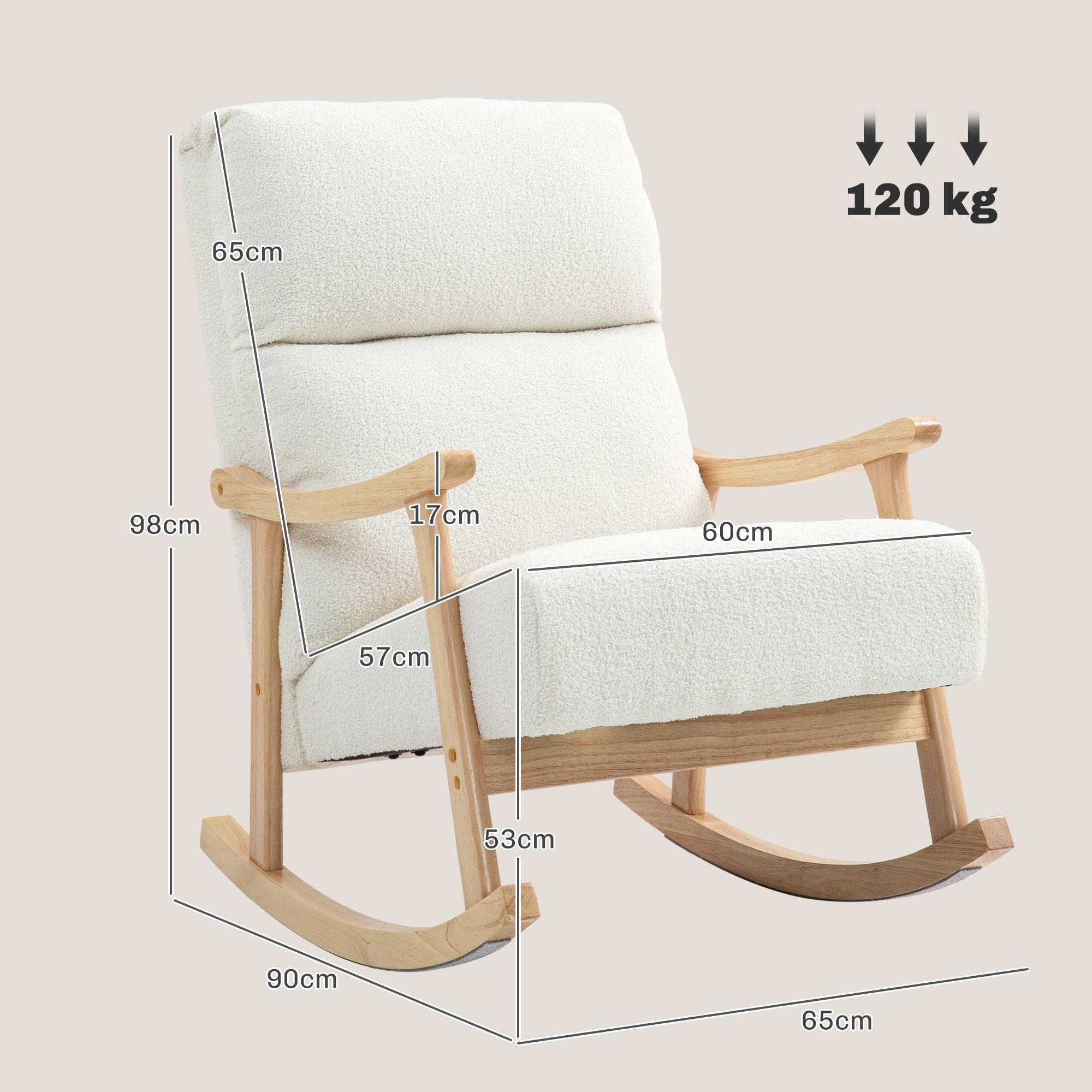 Fauteuil à bascule, rocking chair en velours teddy avec assise rembourré, dossier ergonomique, 65 x 90 x 98 cm, crème - Image 5