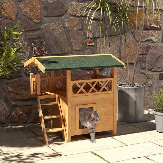 Niche pour chat à 2 niveaux (77 x 50 x 73 cm) avec toit en asphalte, échelle et balcon pour une utilisation extérieure, couleur naturelle - Image 4
