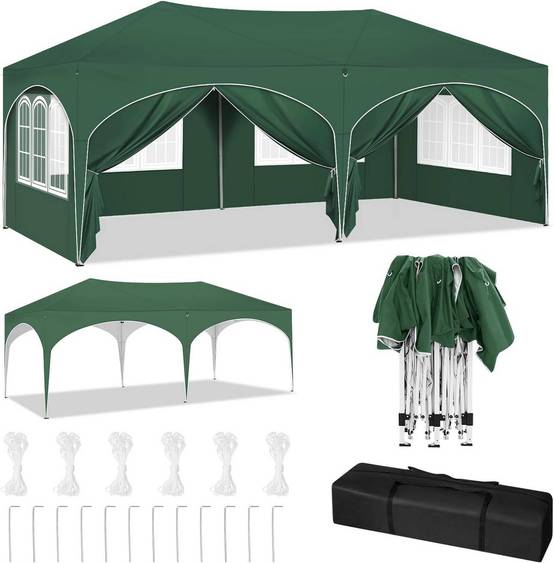 Tente de réception 3x6 m avec 6 parois, ajustable en hauteur, protection UV 50+, verte - PANGIVO - Image 2