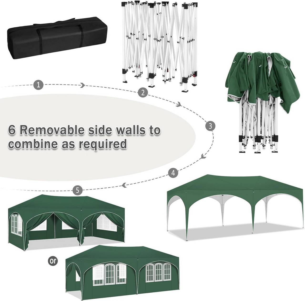 Tente de réception 3x6 m avec 6 parois, ajustable en hauteur, protection UV 50+, verte - PANGIVO - Image 4
