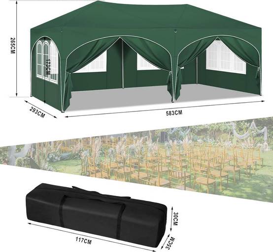 Tente de réception 3x6 m avec 6 parois, ajustable en hauteur, protection UV 50+, verte - PANGIVO - Image 5
