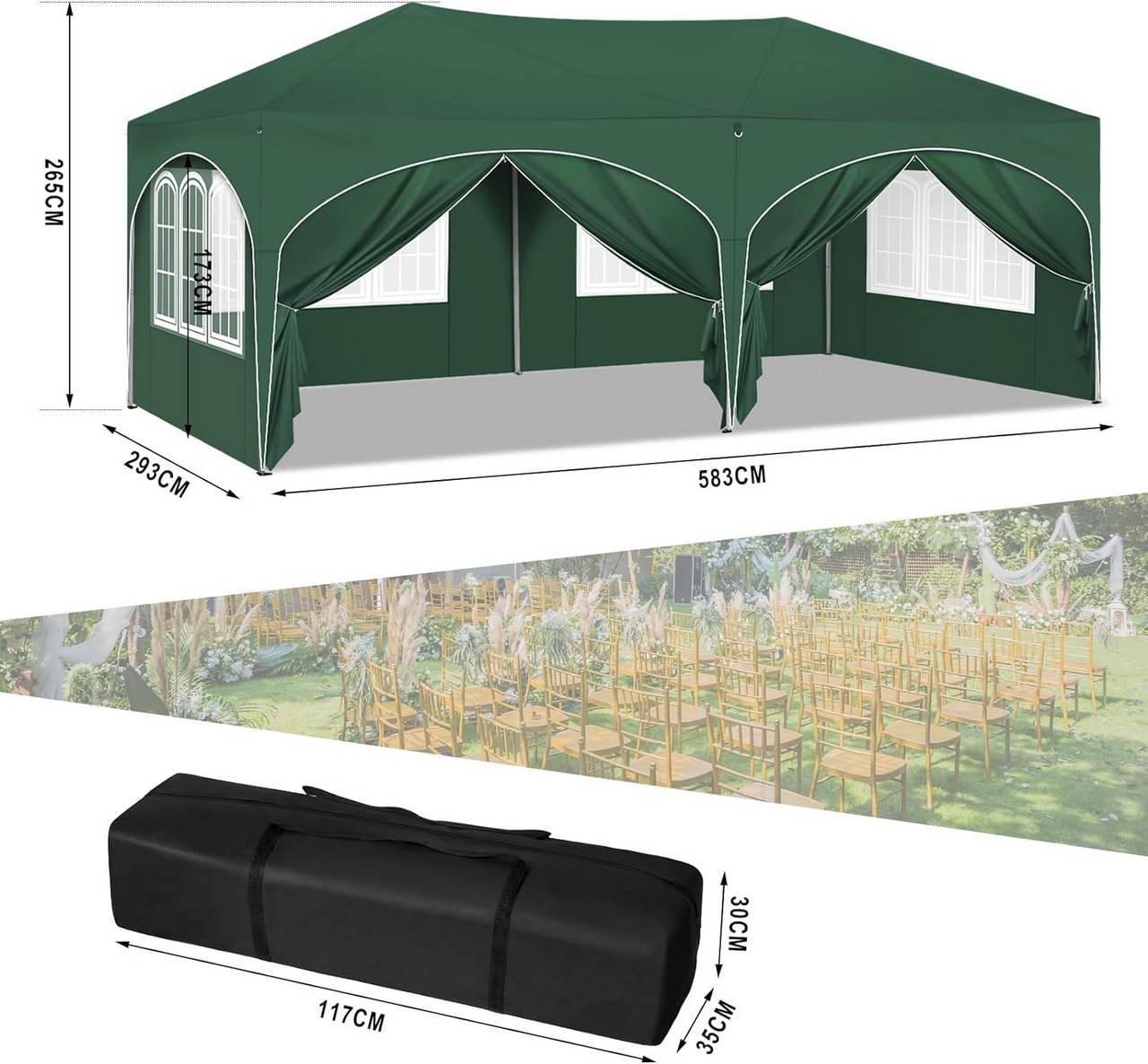 Tente de réception 3x6 m avec 6 parois, ajustable en hauteur, protection UV 50+, verte - PANGIVO - Image 5