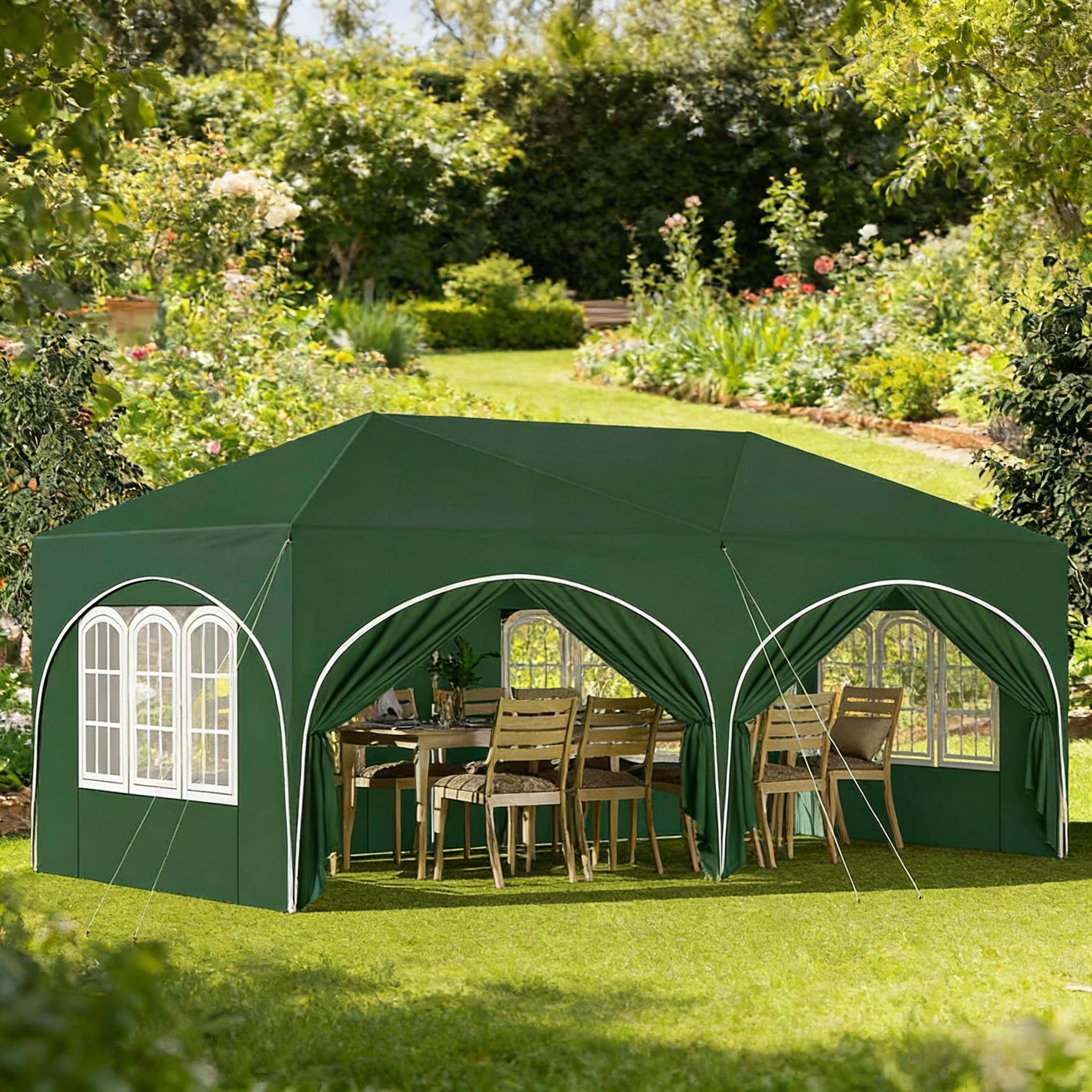 Tente de réception 3x6 m avec 6 parois, ajustable en hauteur, protection UV 50+, verte - PANGIVO - Image 1