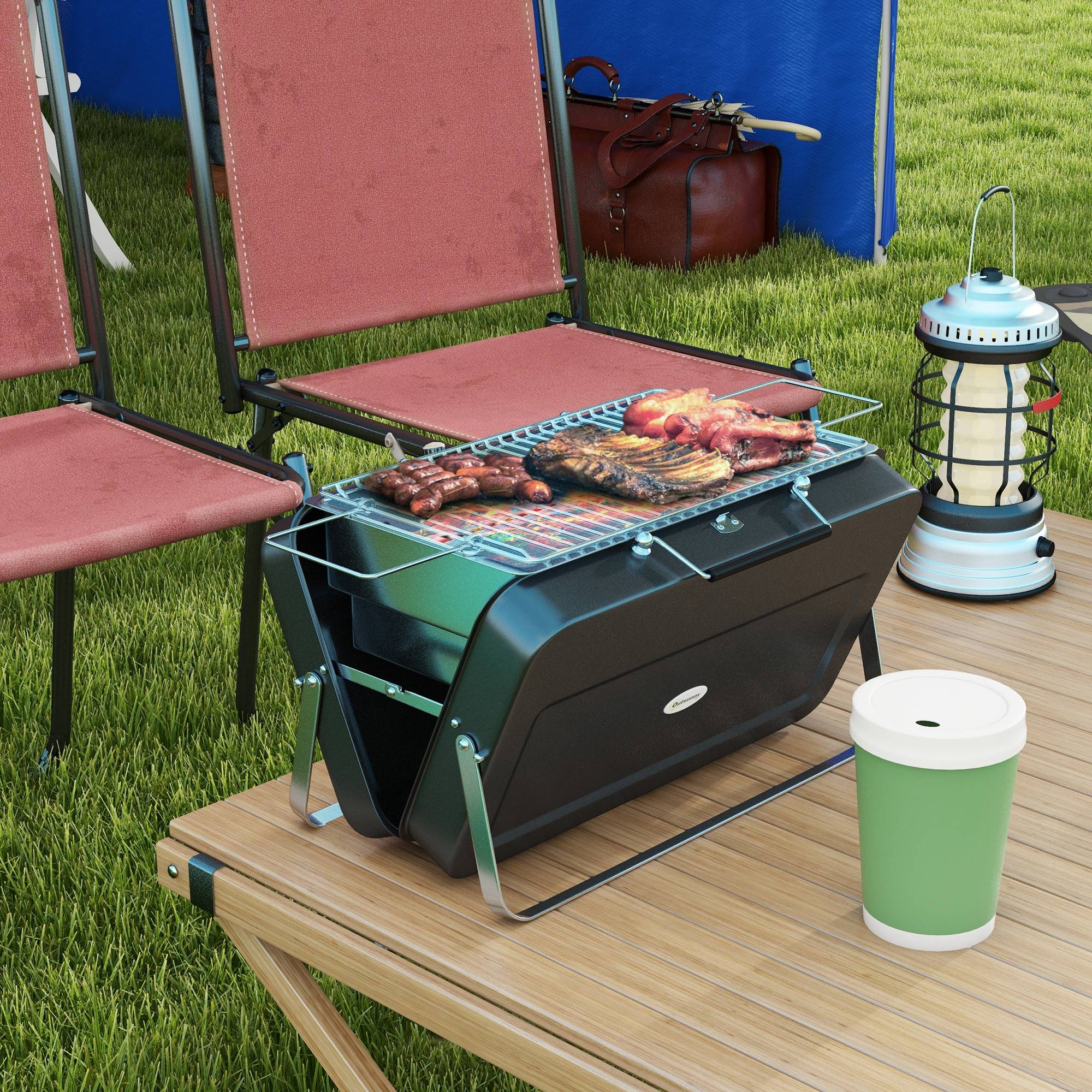 Mini barbecue à charbon valise acier inox table jardin camping pliable noir 47 cm - ComfortXL Outdoor Living - Image 3