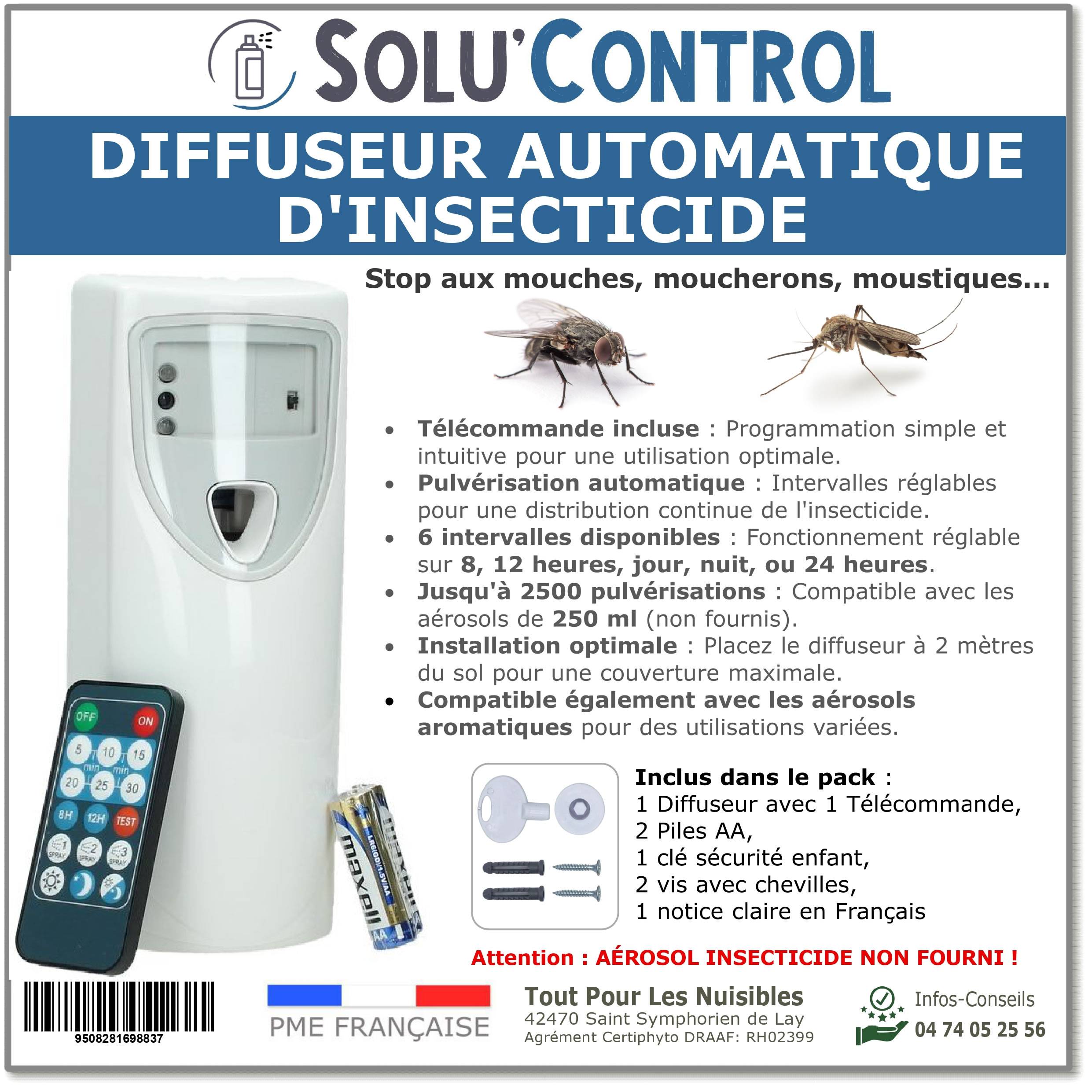 Diffuseur Automatique - Anti-Mouches & Anti-Moustiques - Jusqu'à 2500 Pulvérisations - Batteries Incluses