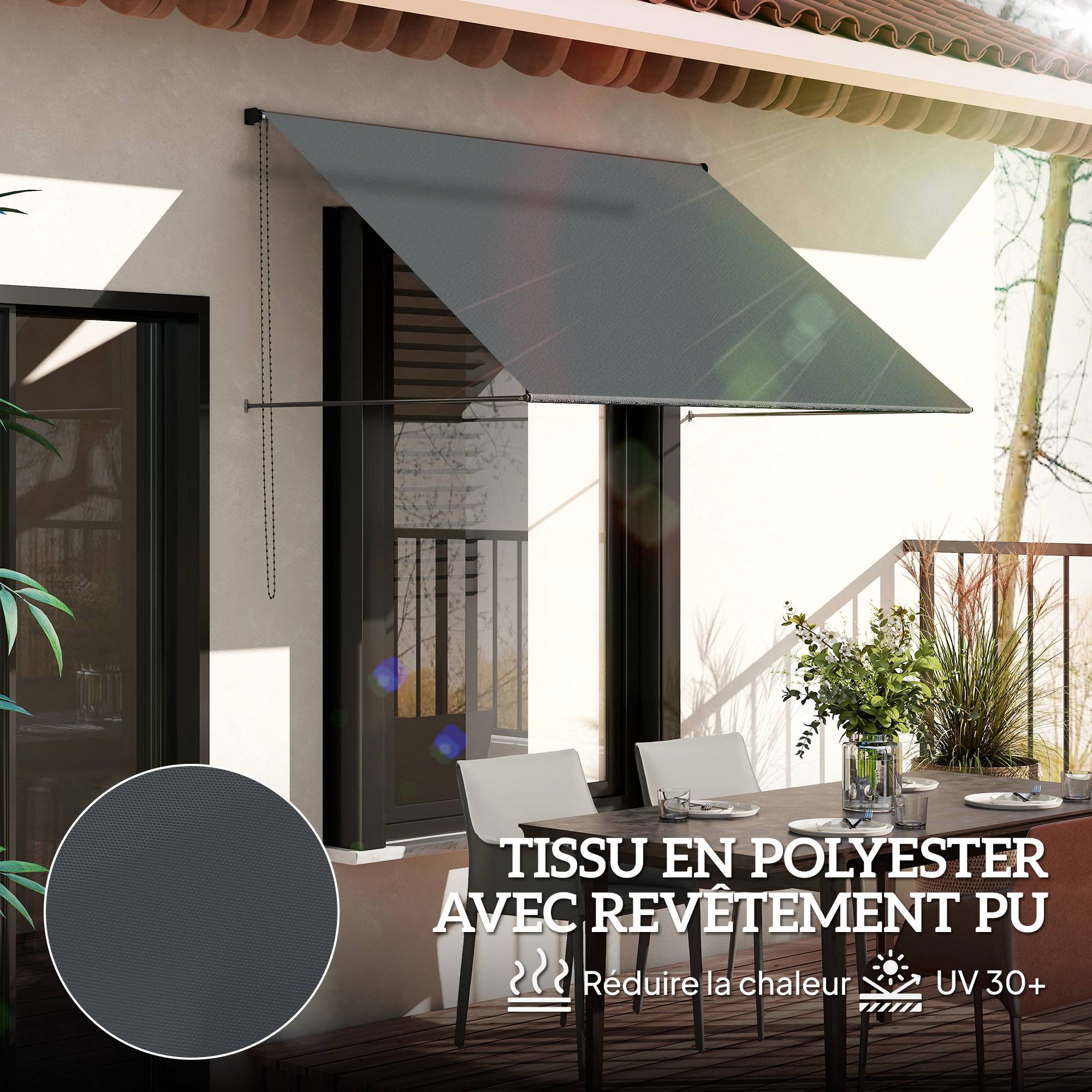 Store banne manuel auvent rétractable Inclinaison réglable 195 x 120 cm protection UV aluminium polyester gris foncé - Image 6