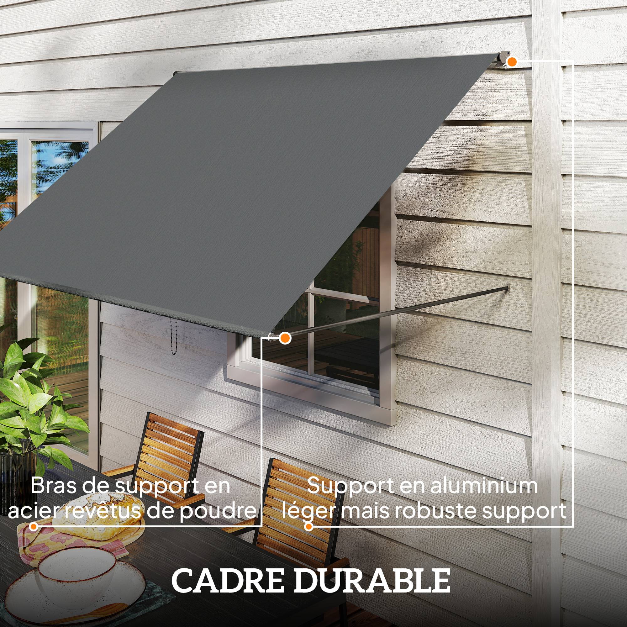 Store banne manuel auvent rétractable Inclinaison réglable 195 x 120 cm protection UV aluminium polyester gris foncé - Image 9